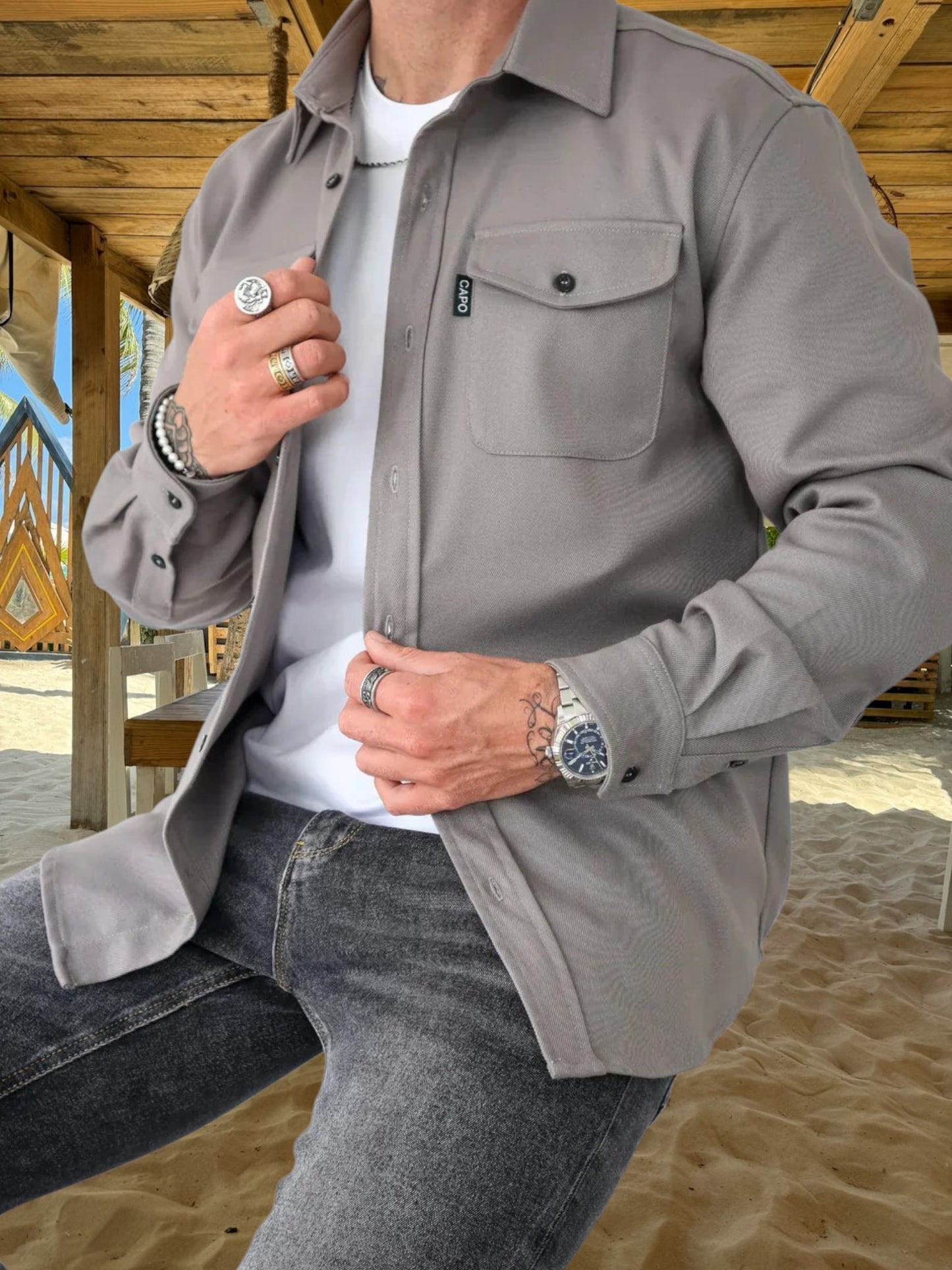 Oswin | Vielseitiges Overshirt aus robuster Baumwollmischung mit langem Arm und Knopfverschluss | Hellgrau