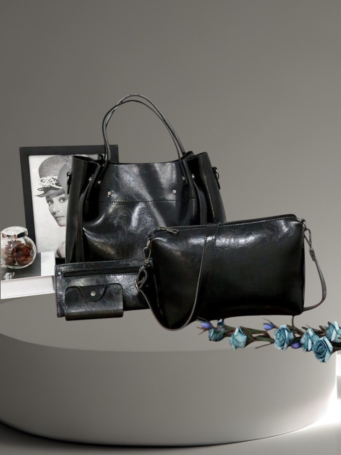 Adelie | 4-teiliges Vintage-Beutel-Set mit geräumigem Design und starken Griffen | Schwarz