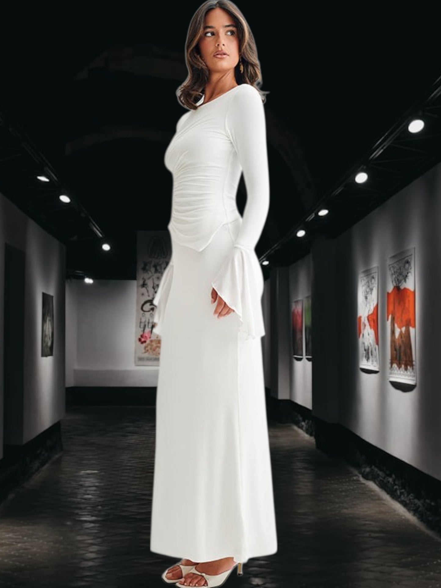 Anna | Elegantes Maxikleid Langarm mit Drapierung für festliche Anlässe | WeiB 2