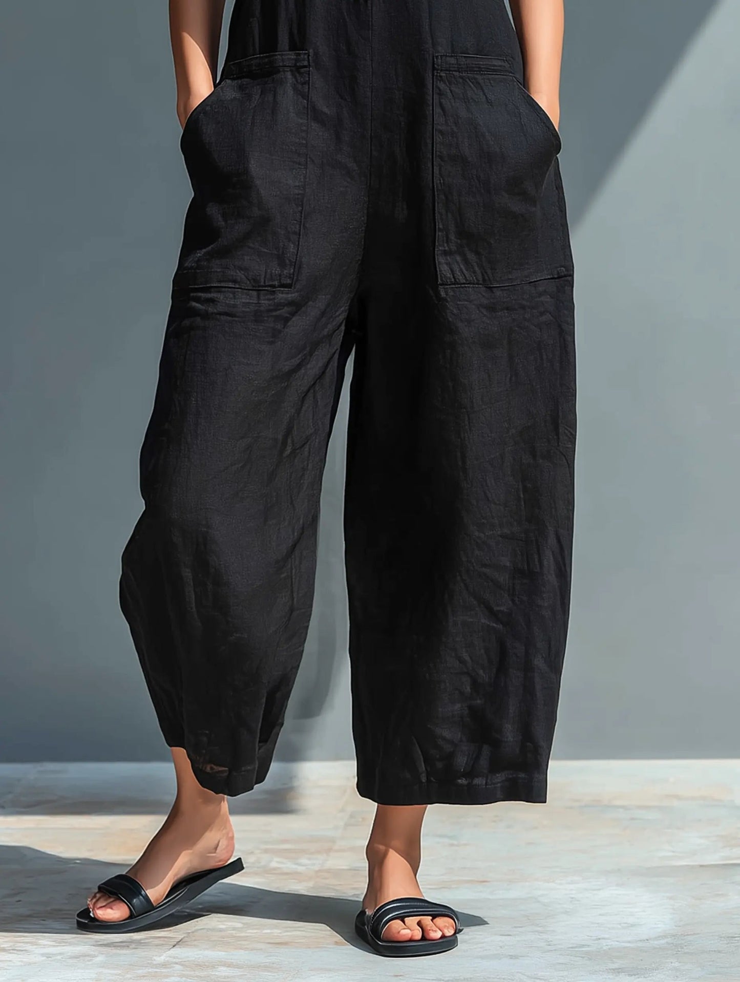 Annika | Damen Ärmellose Linen Button-Up Jumpsuit mit Stehkragen 8