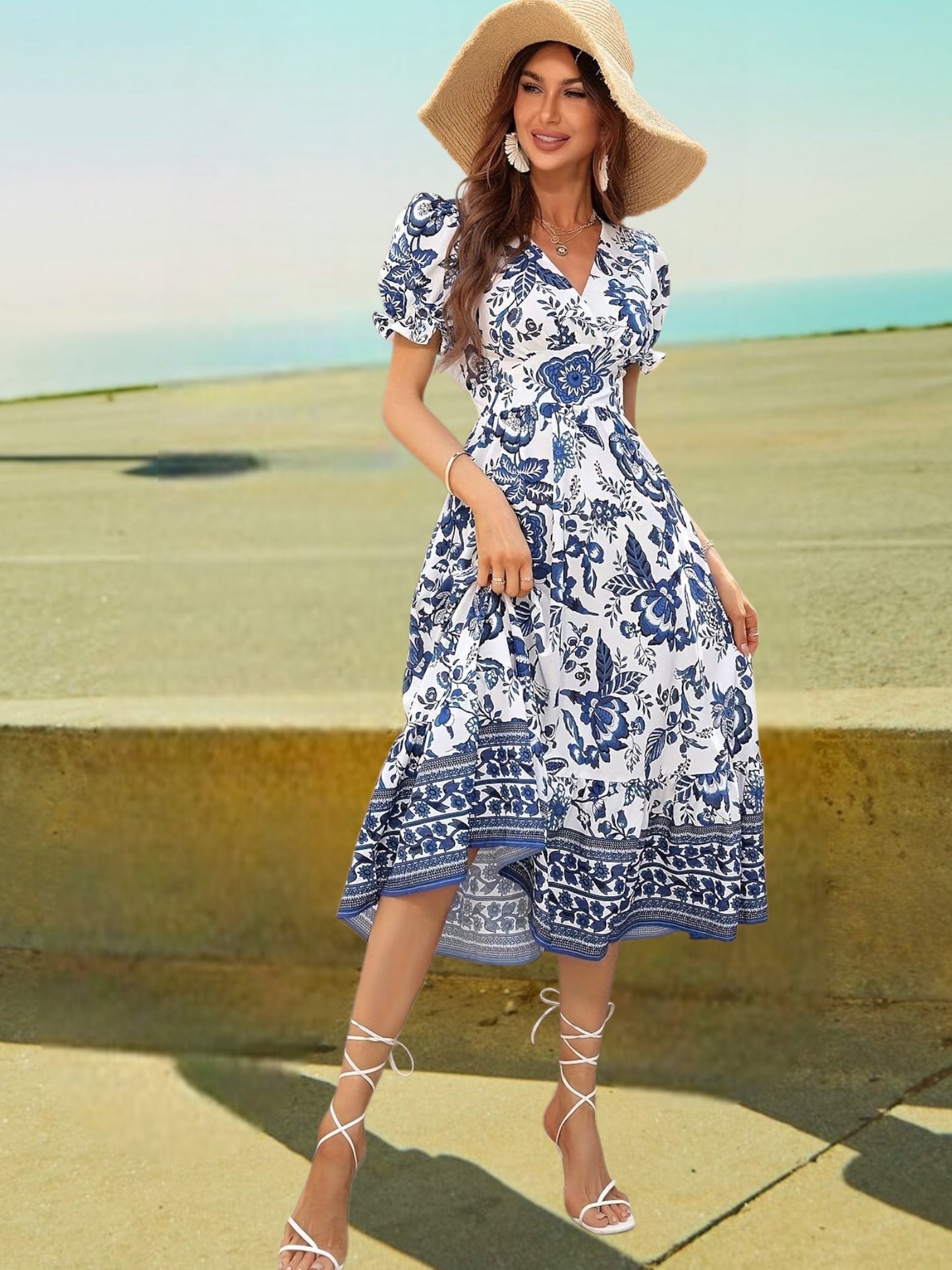 Avalee | Elegantes festliches Damenkleid mit Blumenmuster, Überschussausschnitt und Laternenhülsen | Multicolor 3