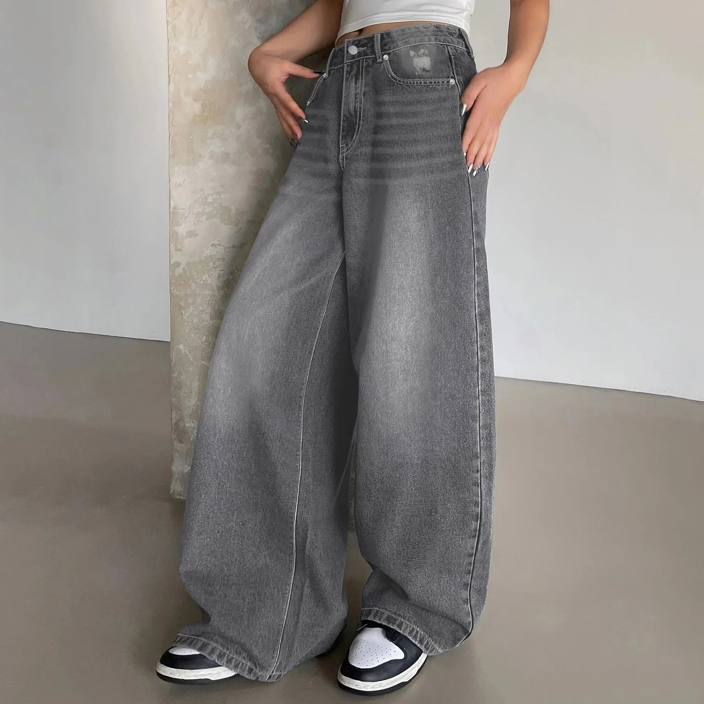 Baggy Jeans Damen, Mittlere Taille, Weite Beine | Lässiger Stil 1