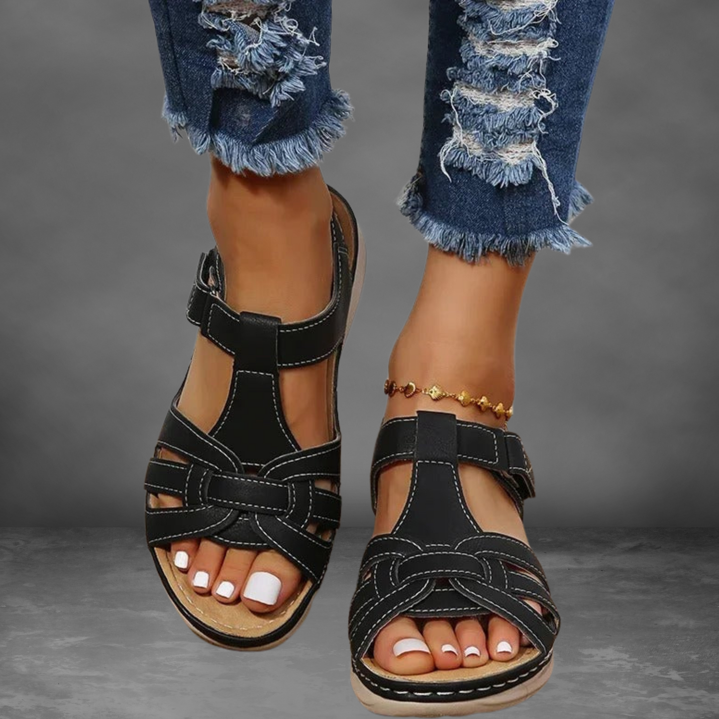 Bequeme Sommersandalen mit verstellbarem Riemen und weicher Sohle | Schwarz
