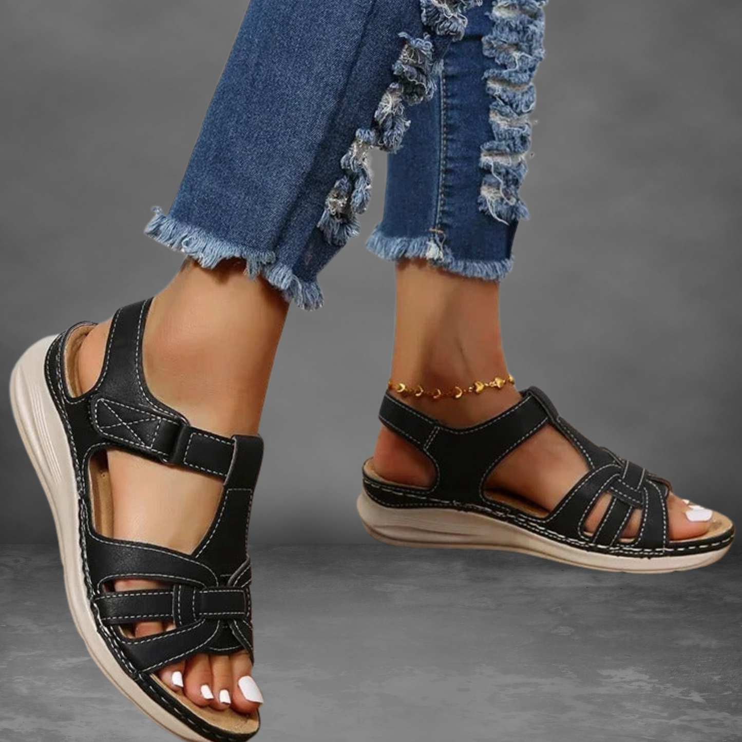 Bequeme Sommersandalen mit verstellbarem Riemen und weicher Sohle | Schwarz 2