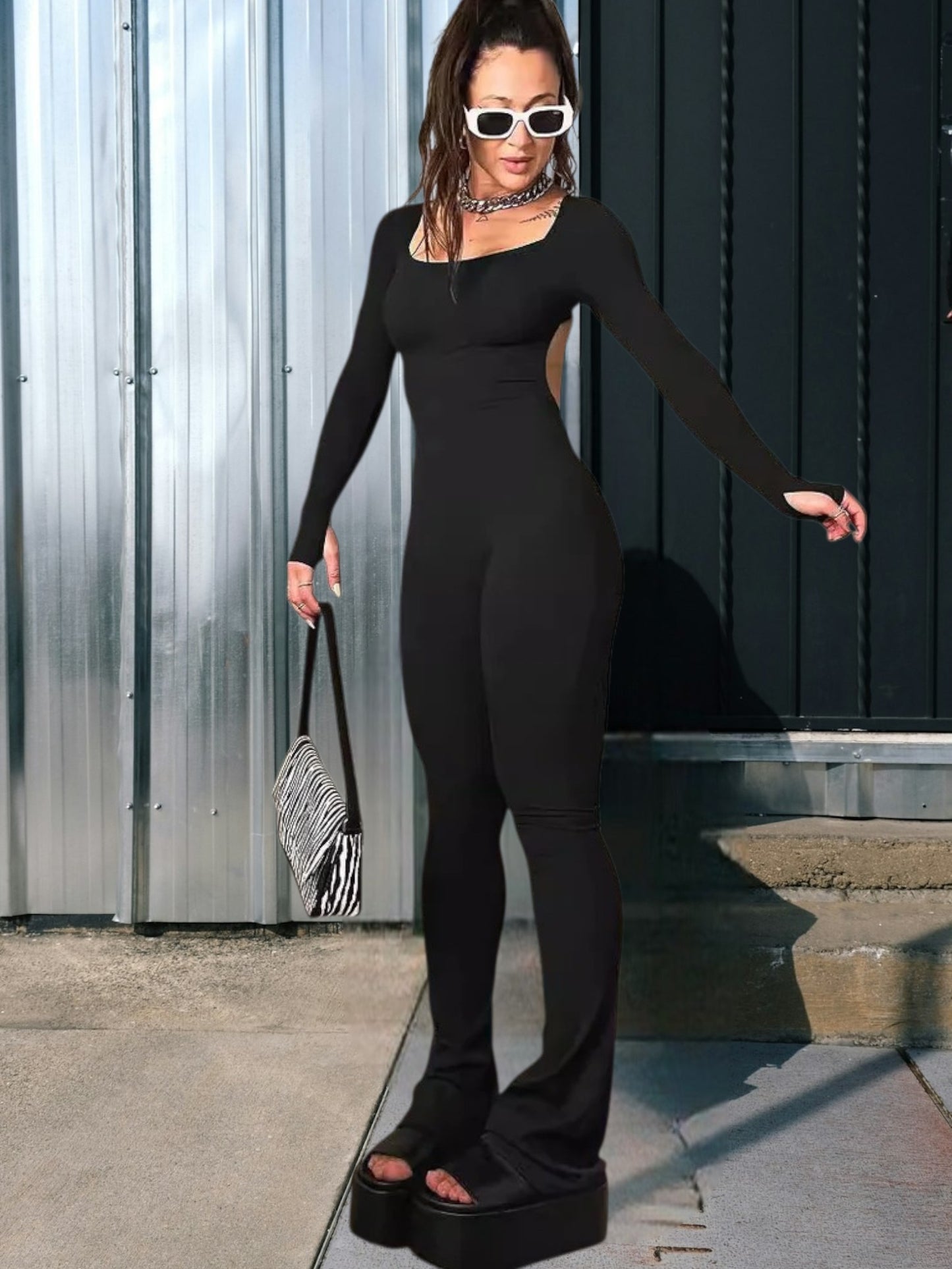 Celine | Eleganter Langarm-Jumpsuit mit quadratischem Ausschnitt und schmalem Bein für Damen | Schwarz