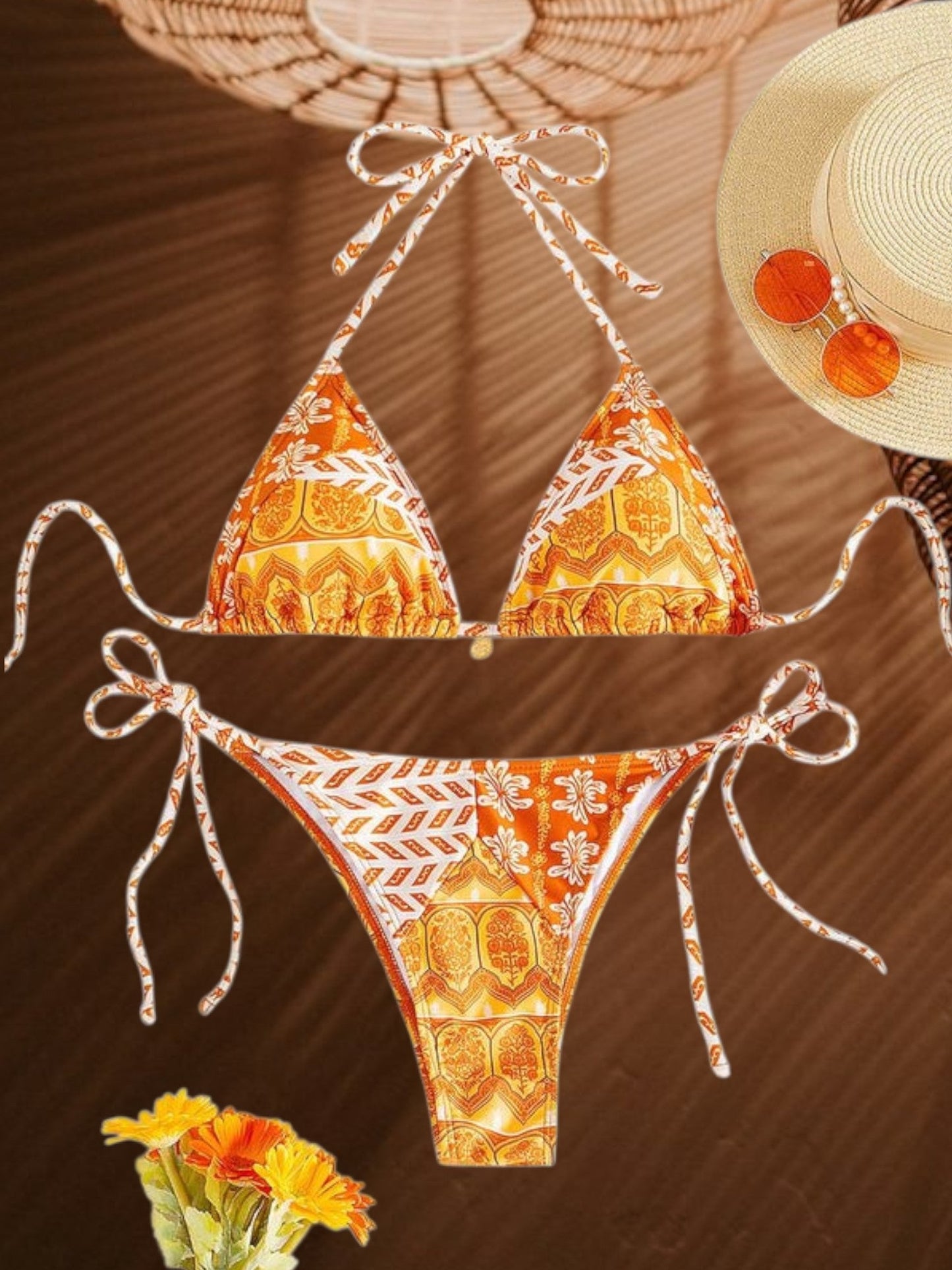 Damen-Bikini-Set mit Boho-Print, Triangel-Oberteil und verstellbarer Hose zum Binden an der Seite 1
