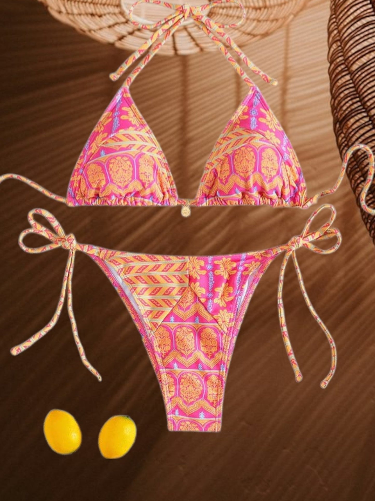 Damen-Bikini-Set mit Boho-Print, Triangel-Oberteil und verstellbarer Hose zum Binden an der Seite 2