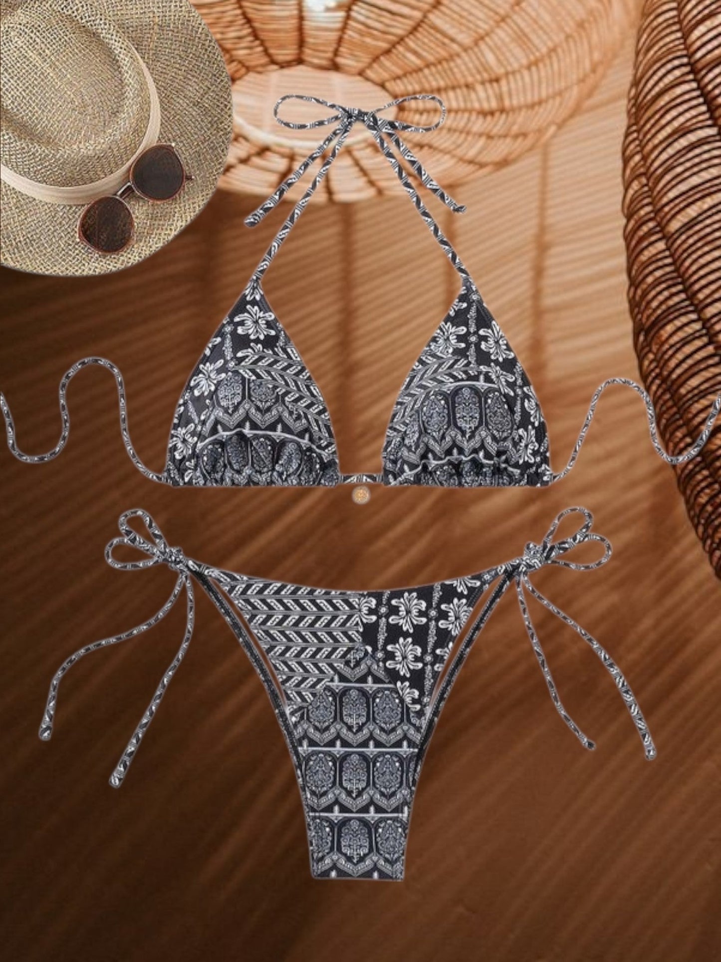 Damen-Bikini-Set mit Boho-Print, Triangel-Oberteil und verstellbarer Hose zum Binden an der Seite 3