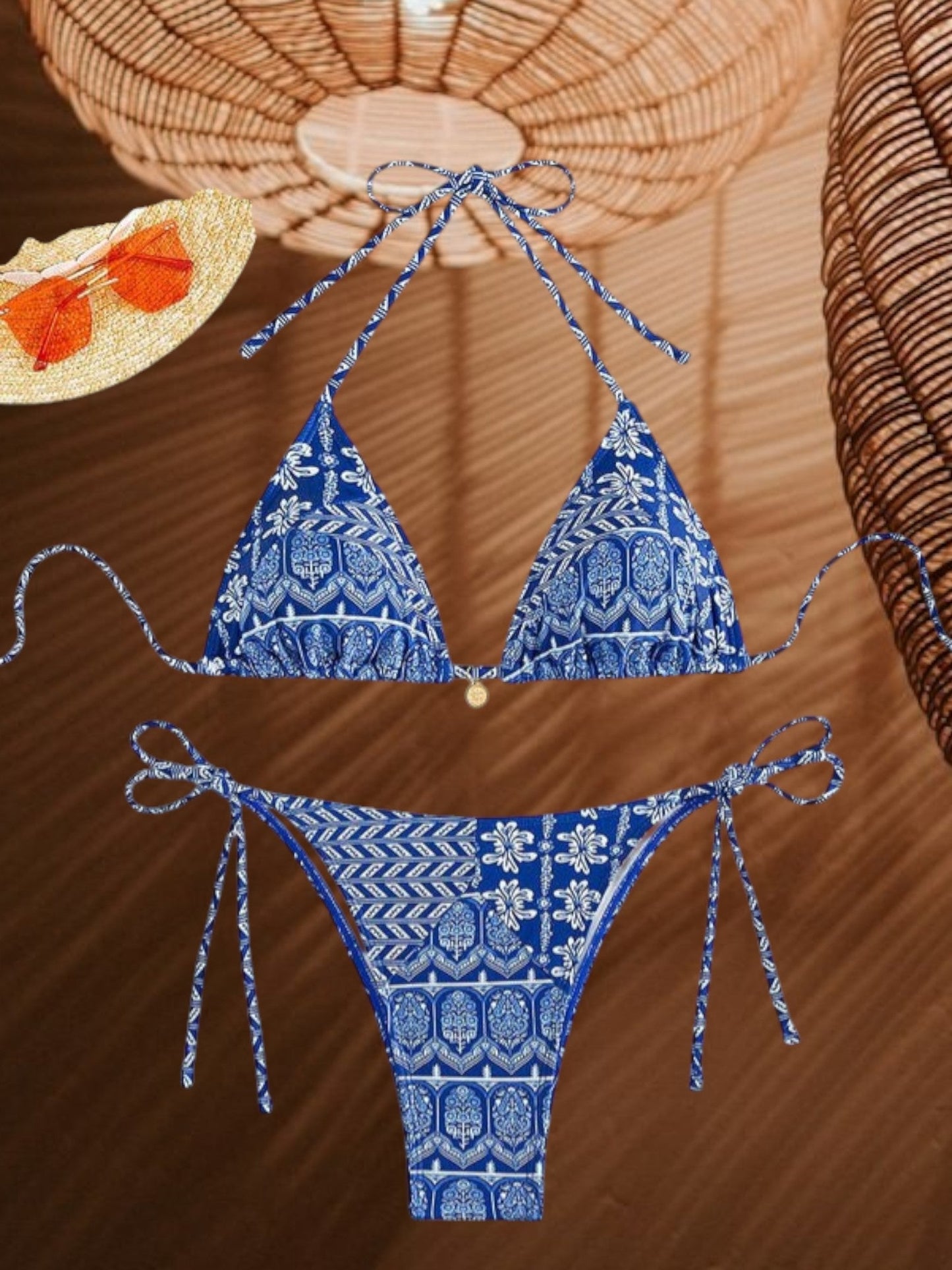 Damen-Bikini-Set mit Boho-Print, Triangel-Oberteil und verstellbarer Hose zum Binden an der Seite 4
