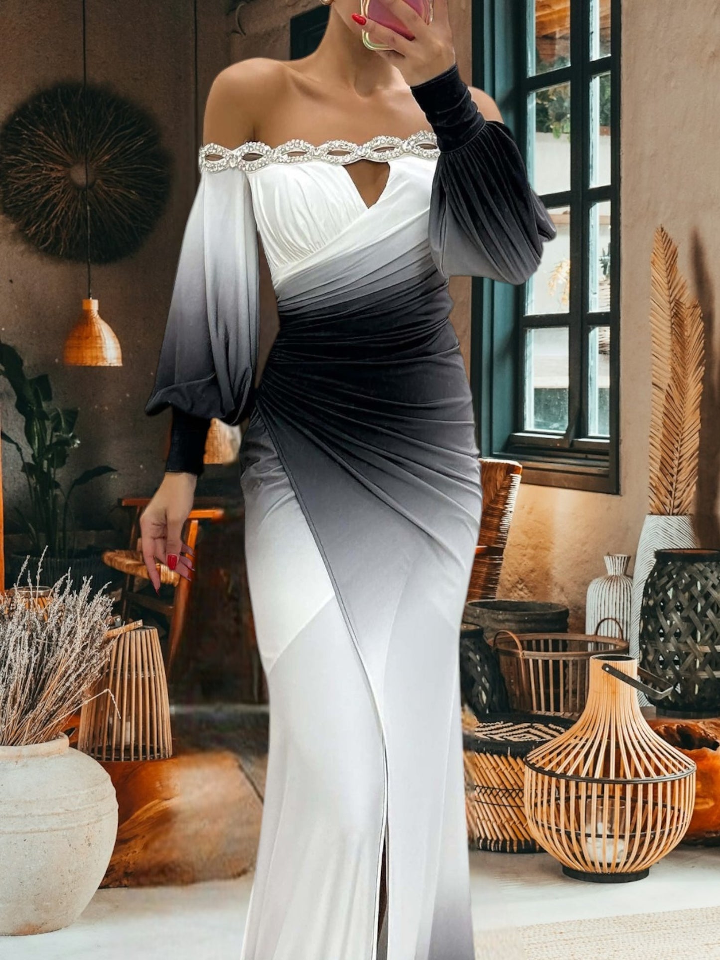 Delia | Elegantes Off-Shoulder Abendkleid mit Gradienteneffekt, lang und schlank für besondere Anlässe | White 2