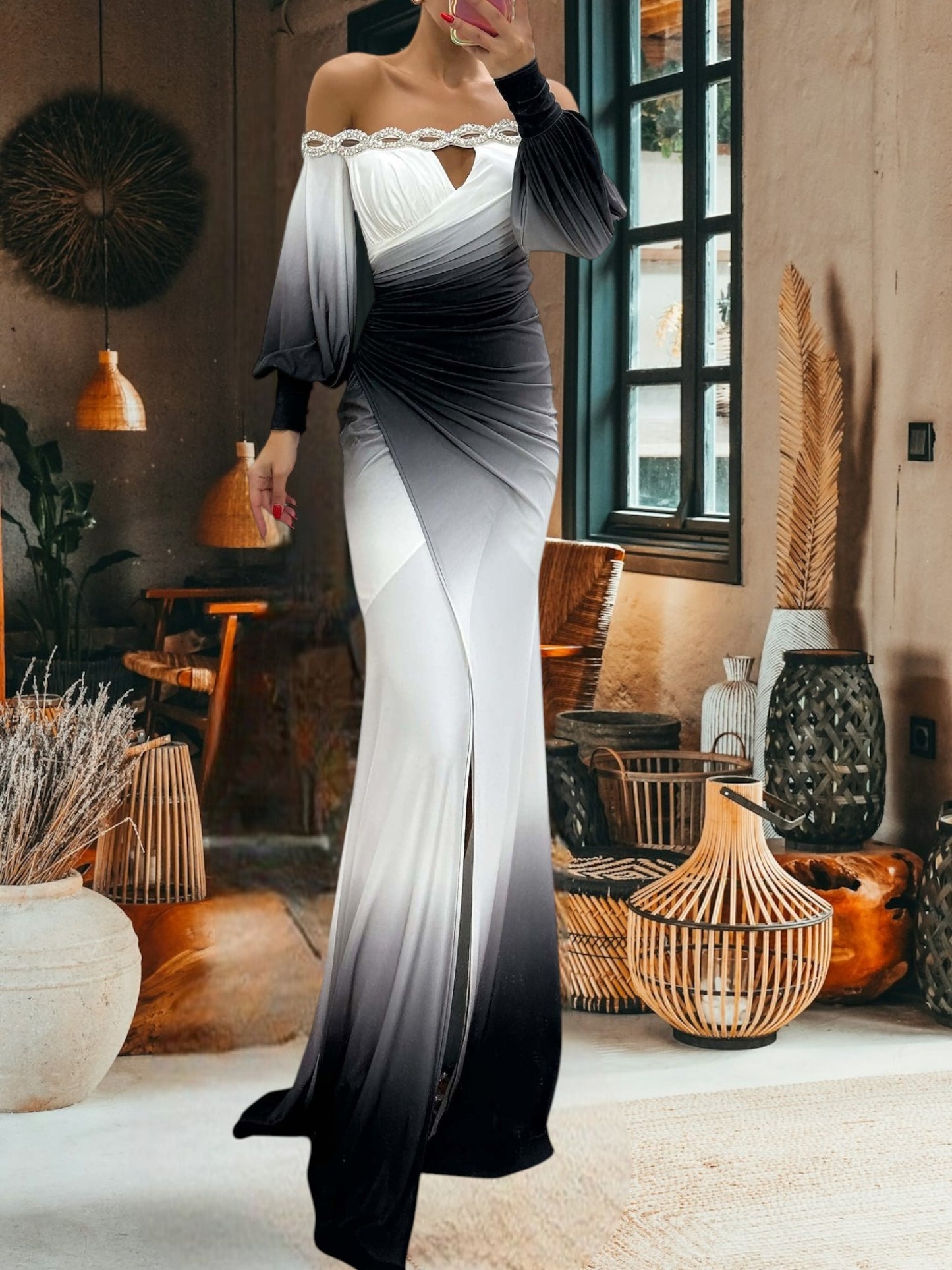 Delia | Elegantes Off-Shoulder Abendkleid mit Gradienteneffekt, lang und schlank für besondere Anlässe | White 3