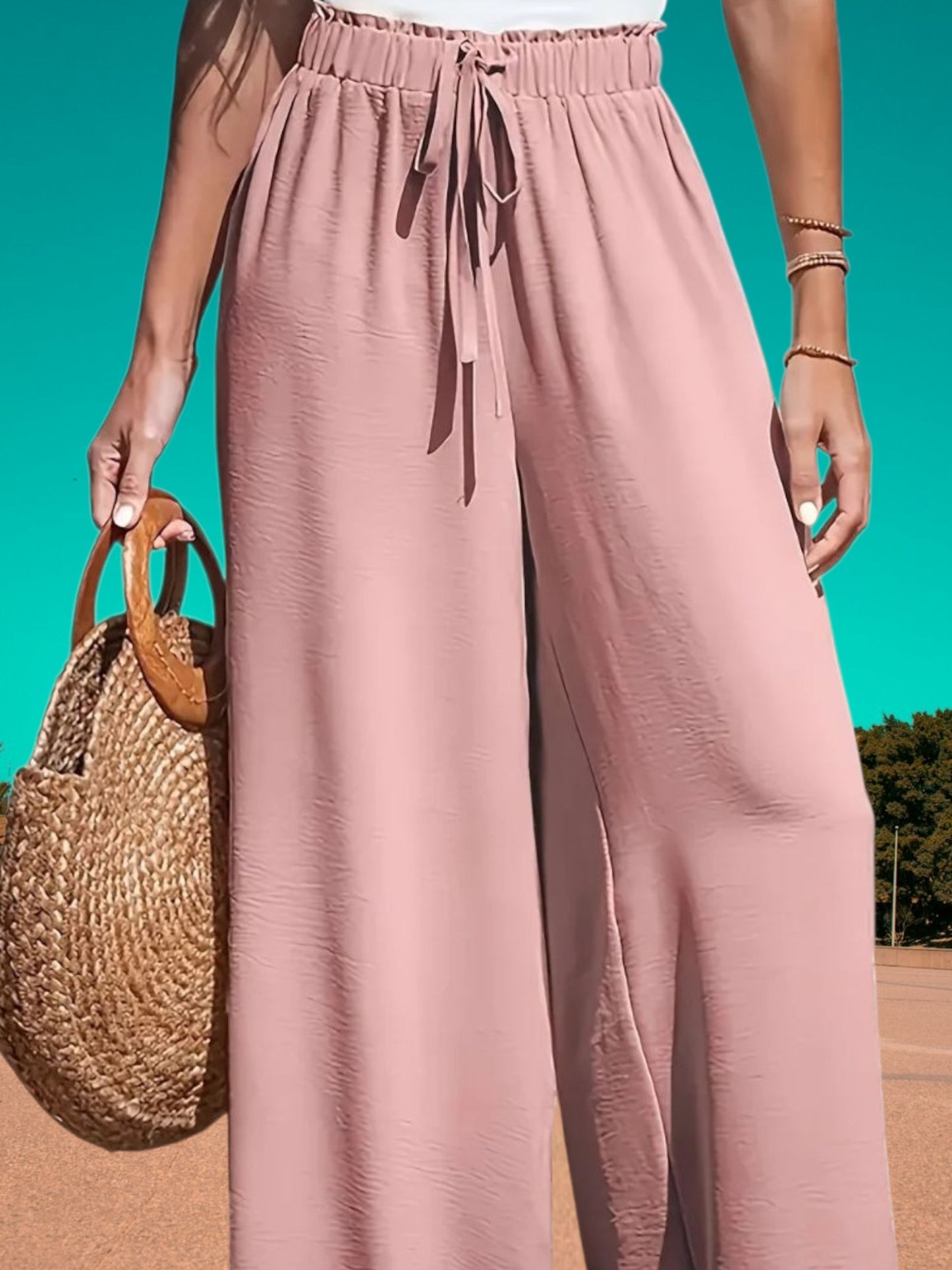 Dessa | Luftige Weite Hose Damen aus Atmungsaktivem Material mit Hohem Bund und Kordelzug | Rosa