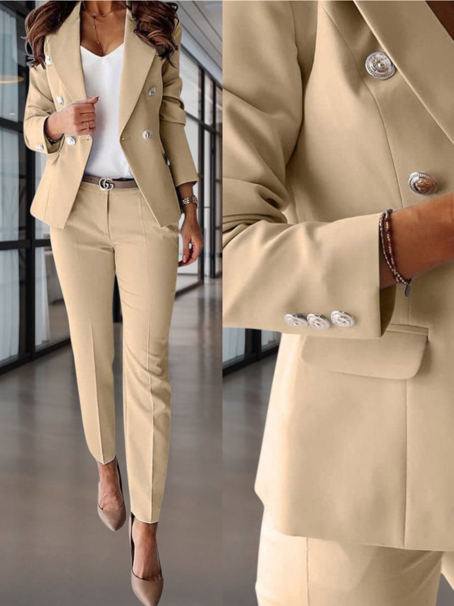 Doppelbrust maßgeschneiderter 2-teiliger Anzugset mit Metallic-Knopfakzenten | Beige
