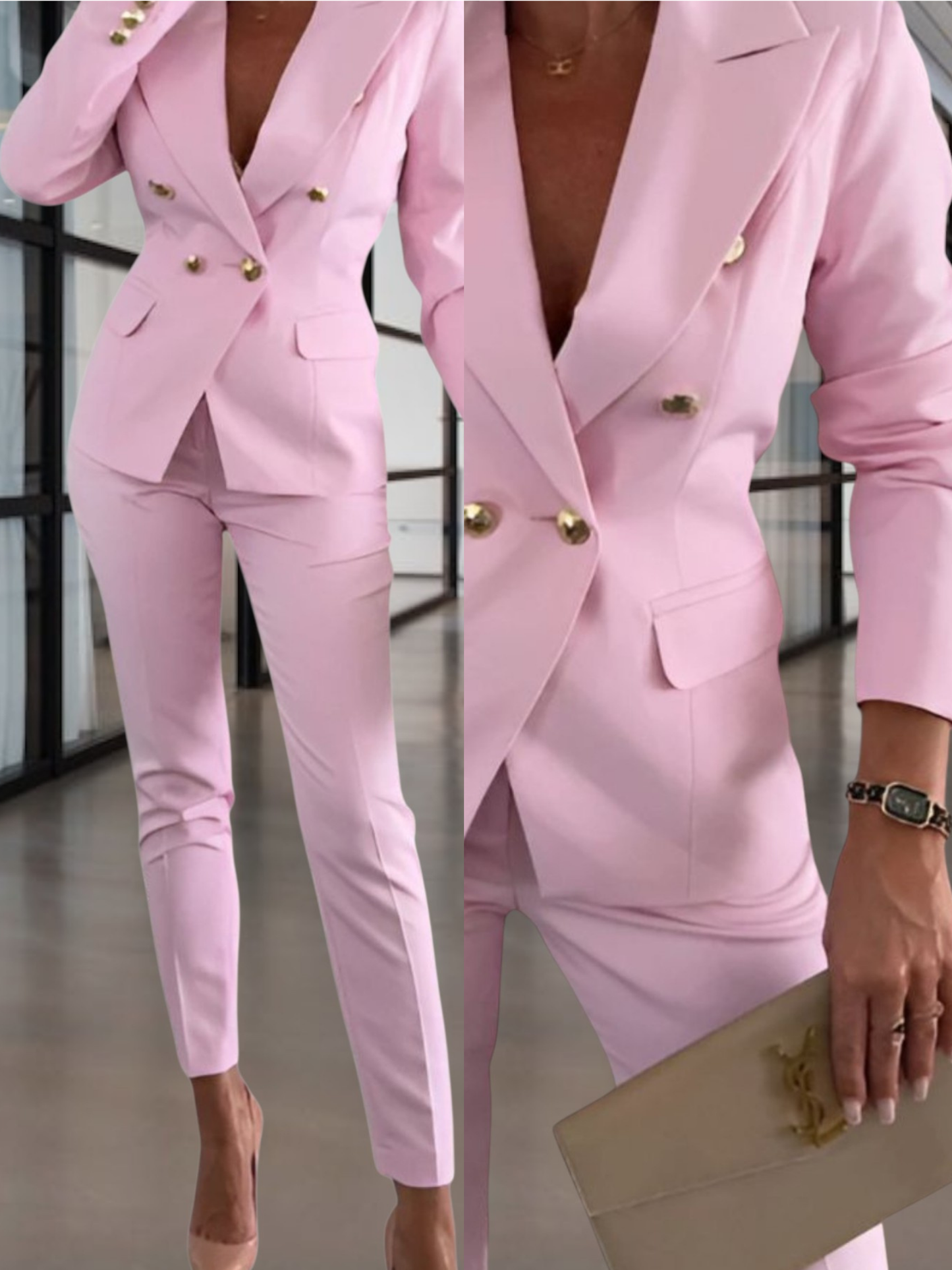 Doppelbrust maßgeschneiderter 2-teiliger Anzugset mit Metallic-Knopfakzenten | Rosa