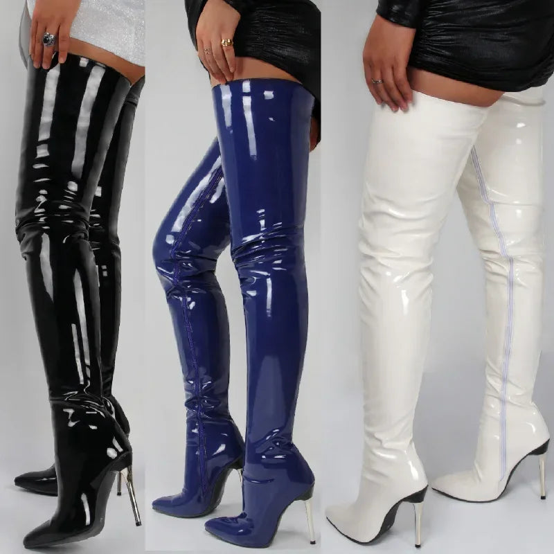 Elegante Overknee Stiefel Schwarz aus Kunstleder mit Spitzem Schuh und Hohem Absatz 6