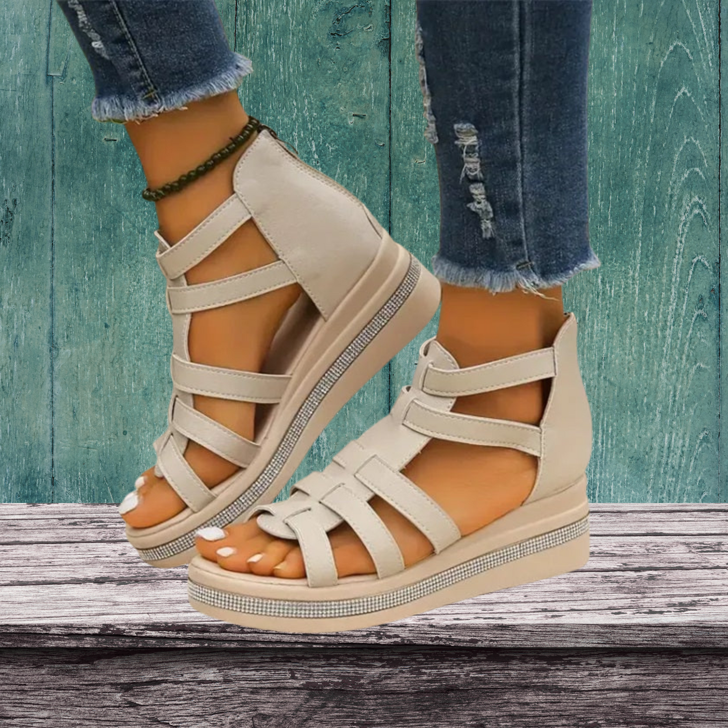 Elegante Wedge Sandalen mit Strass und Gepolsterter Sohle für Sommer | Beige