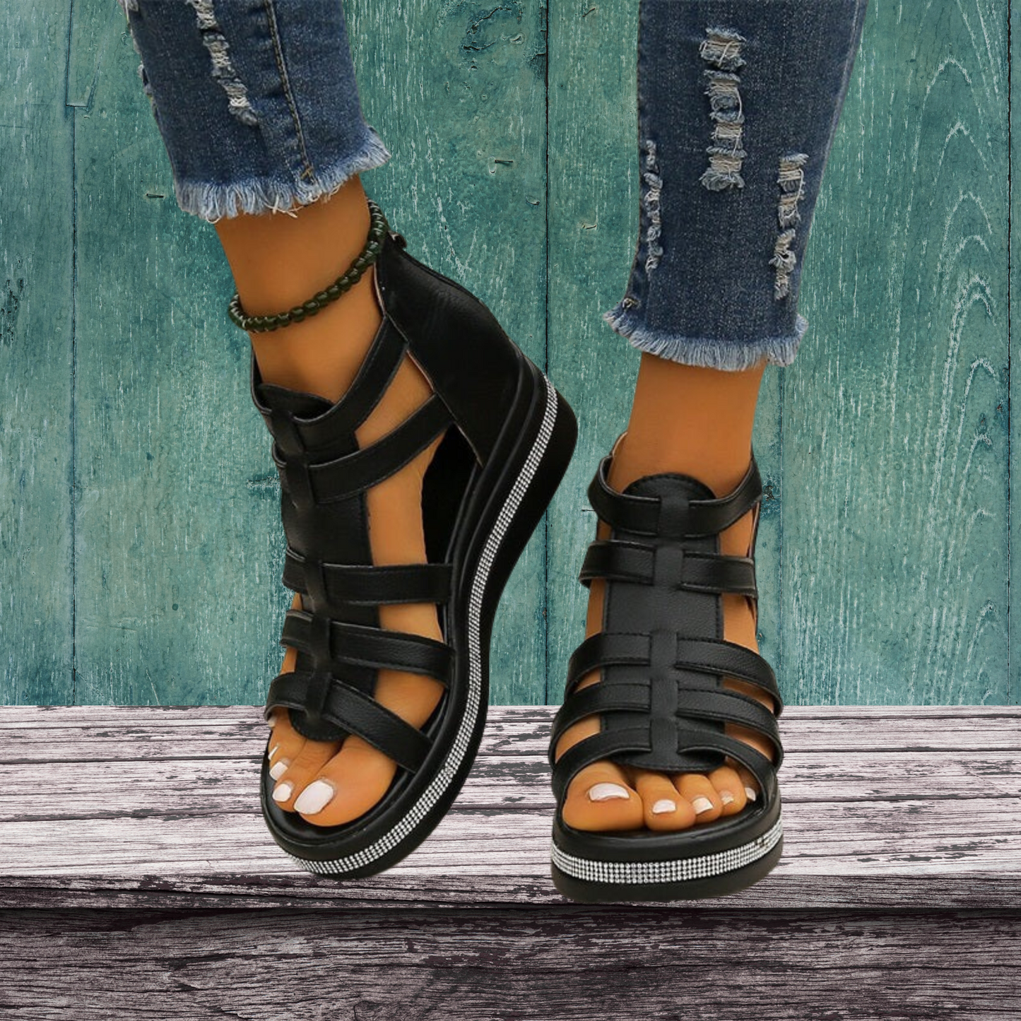 Elegante Wedge Sandalen mit Strass und Gepolsterter Sohle für Sommer | Schwarz