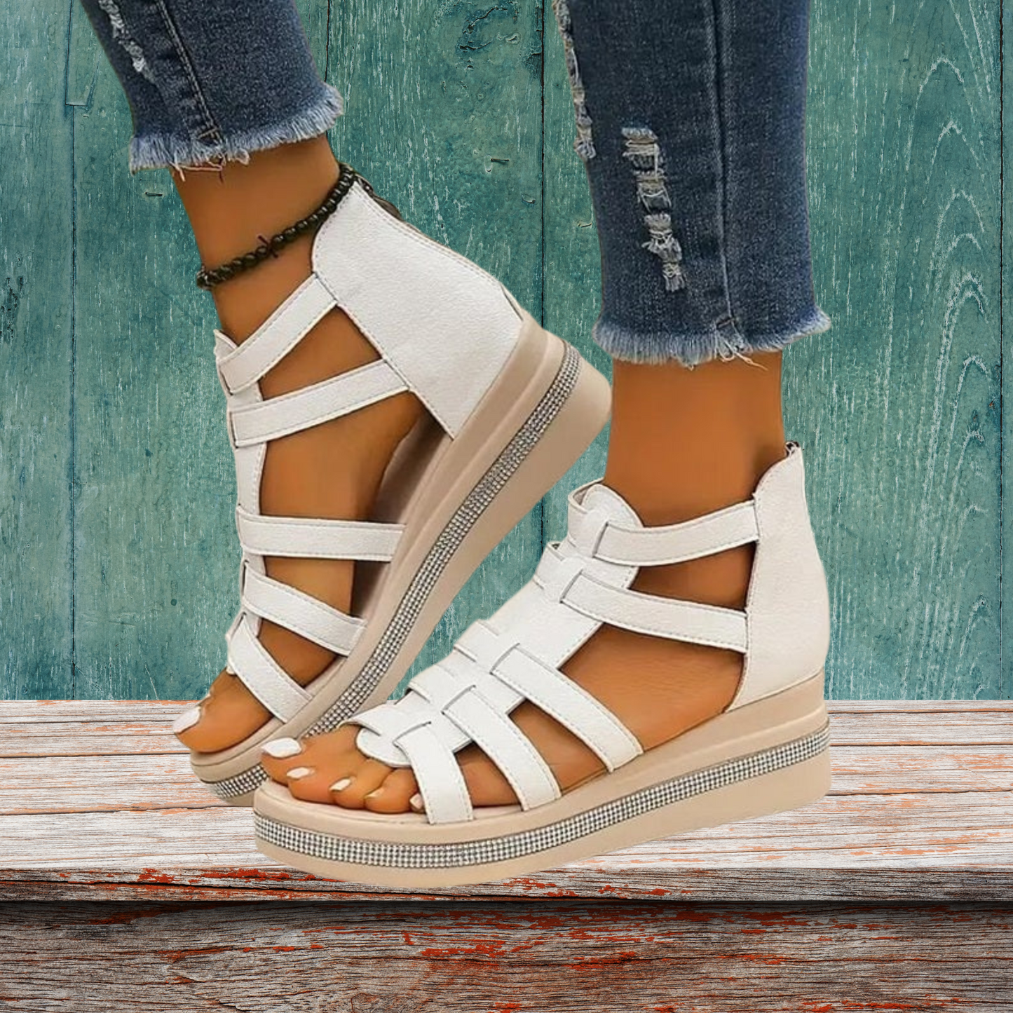 Elegante Wedge Sandalen mit Strass und Gepolsterter Sohle für Sommer | Weiß 2