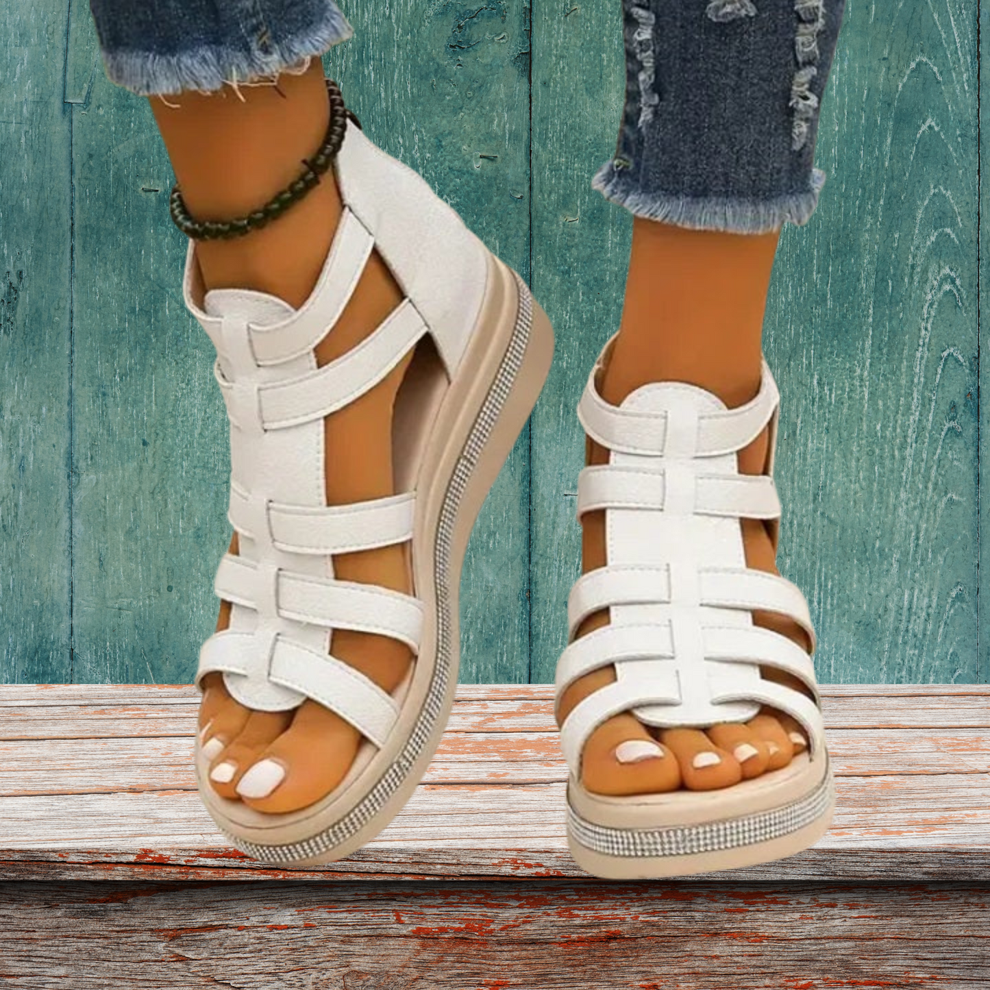 Elegante Wedge Sandalen mit Strass und Gepolsterter Sohle für Sommer | Weiß 3