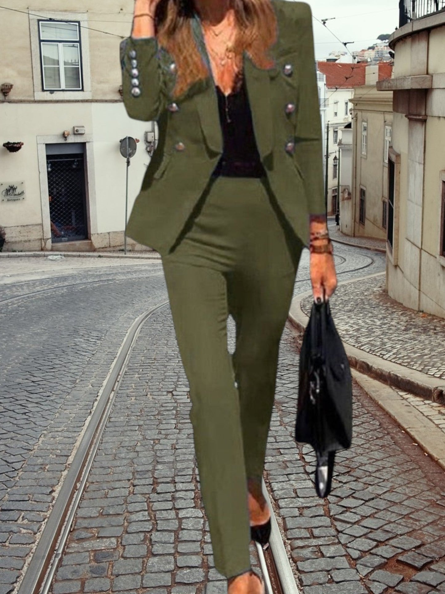 Eleganter Blazer und Hosen mit Knopfdesign eingestellt | Grun