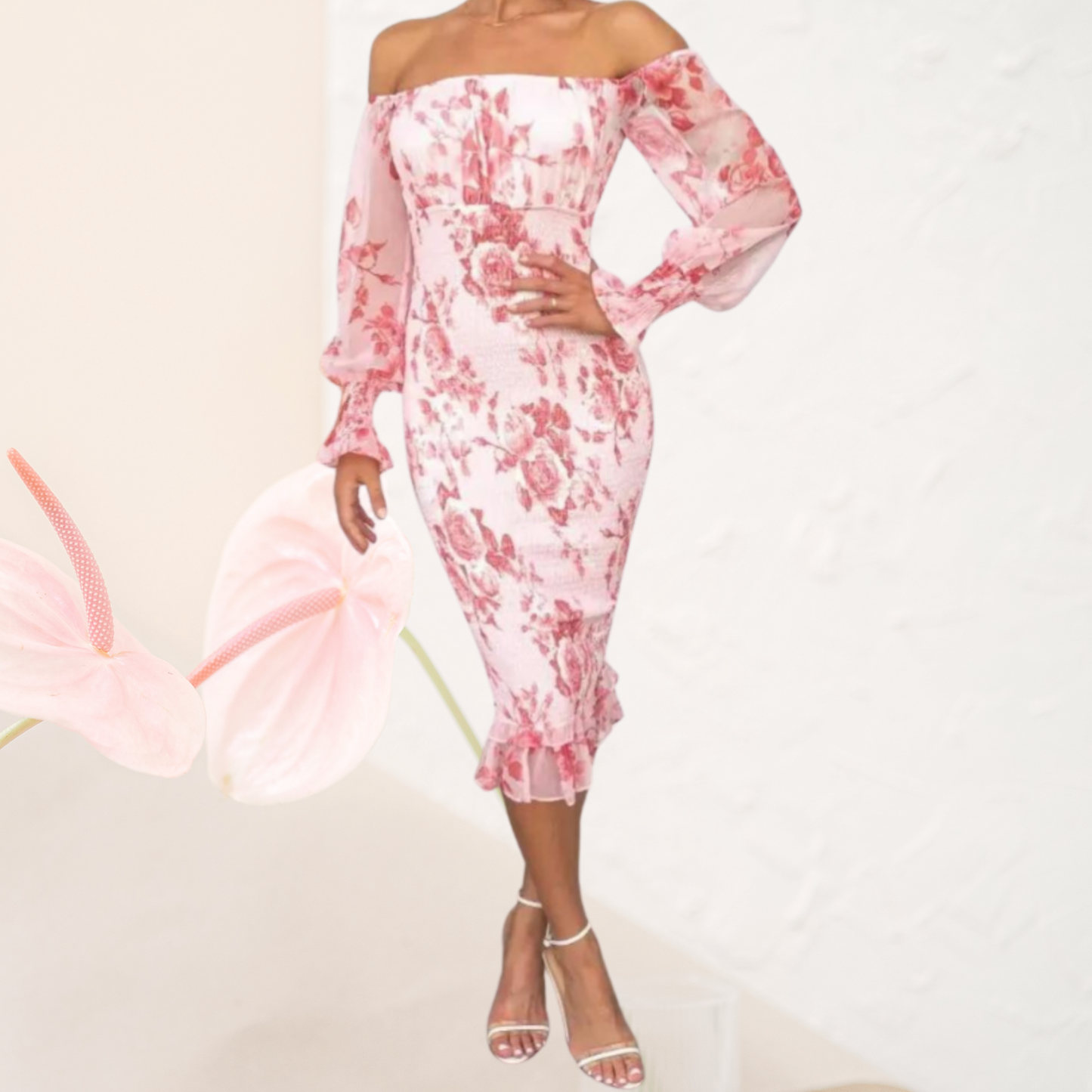Elegantes Off-Shoulder Damenkleid mit Blumenmuster – Figurbetontes Festliches Kleid für Hochzeitsgäste und Besondere Anlässe | Rot