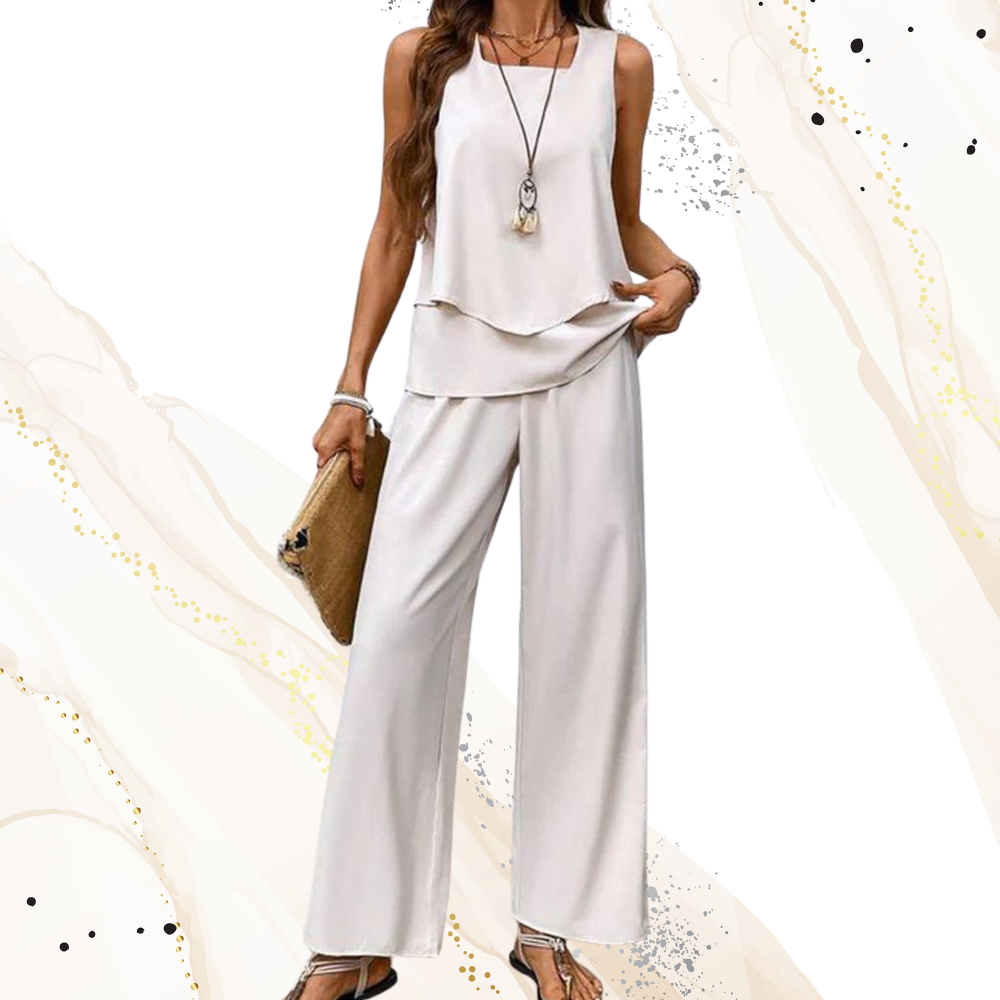 Elegantes Zweiteiliges Zomerset mit Mouwlosem Top und Weiten Hosen – Atmungsaktives Material für Warme Tage | Beige