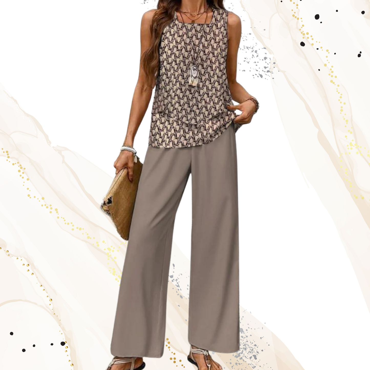 Elegantes Zweiteiliges Zomerset mit Mouwlosem Top und Weiten Hosen – Atmungsaktives Material für Warme Tage | Braun