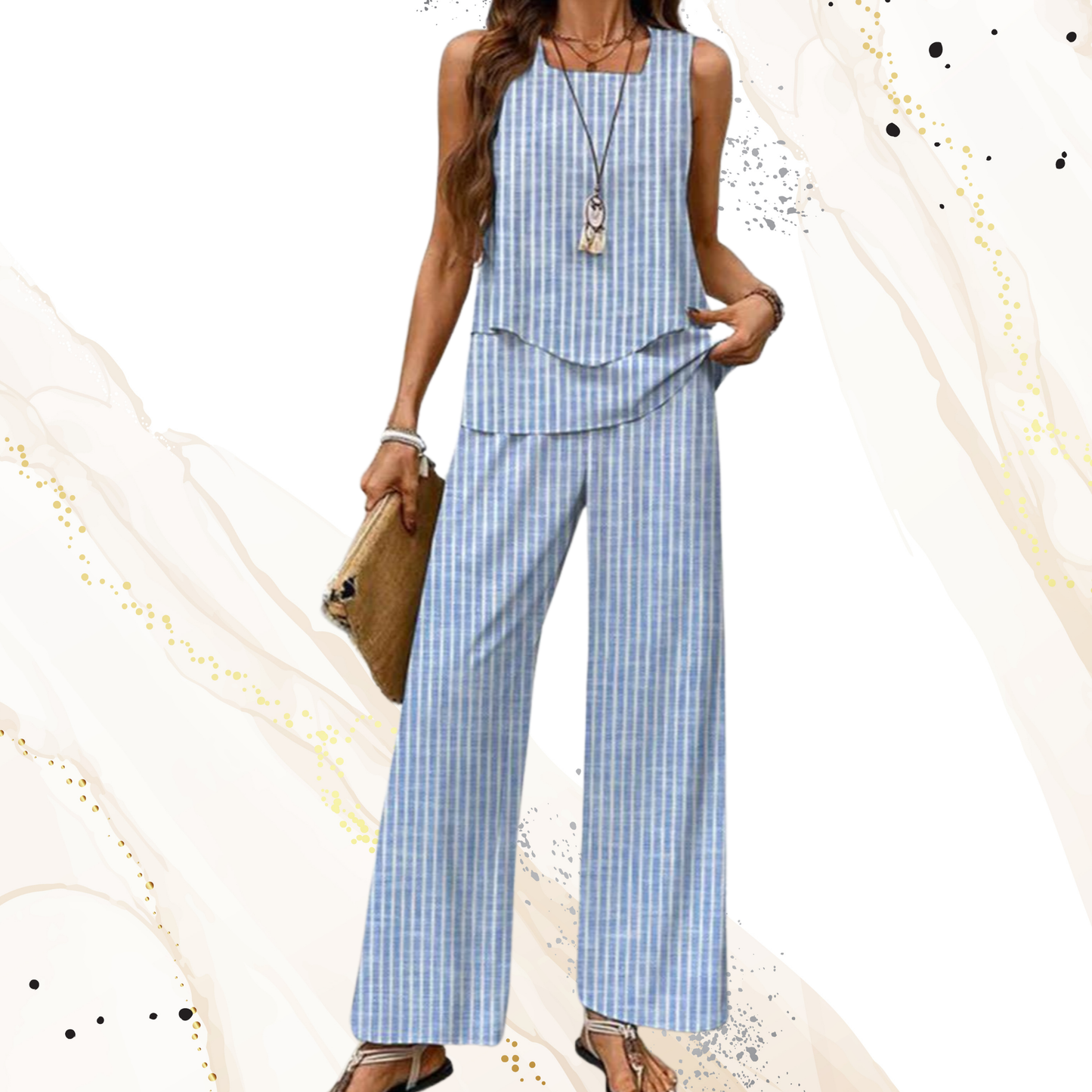 Elegantes Zweiteiliges Zomerset mit Mouwlosem Top und Weiten Hosen – Atmungsaktives Material für Warme Tage | Gestreift