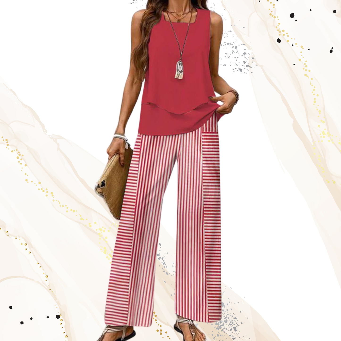 Elegantes Zweiteiliges Zomerset mit Mouwlosem Top und Weiten Hosen – Atmungsaktives Material für Warme Tage | Rot