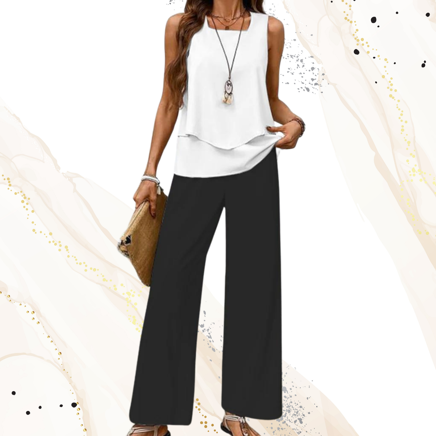 Elegantes Zweiteiliges Zomerset mit Mouwlosem Top und Weiten Hosen – Atmungsaktives Material für Warme Tage | Schwarz