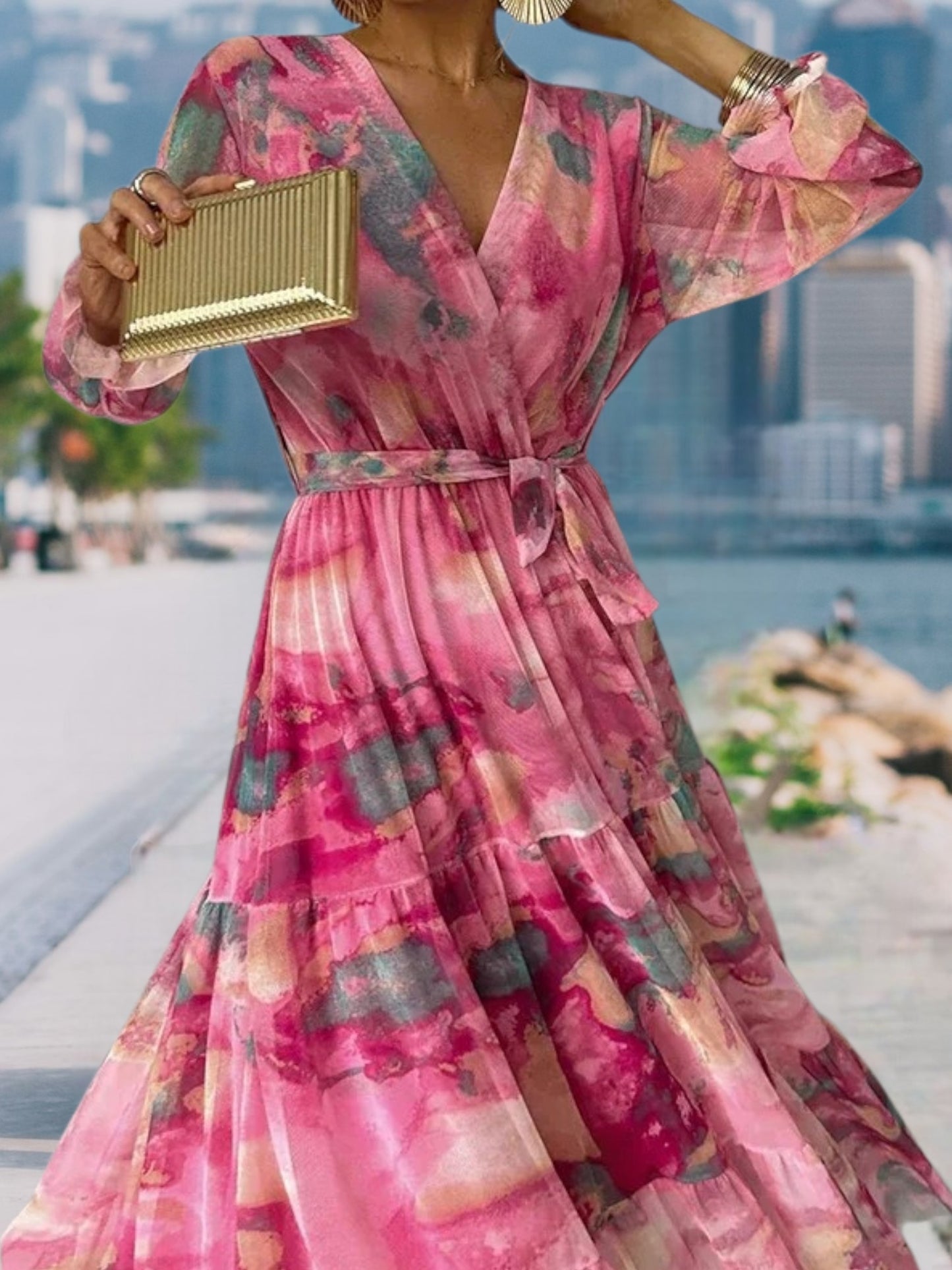 Emily | Elegantes langärmeliges Blumenkleid aus leichtem Stoff für den Sommer | Rosa 2