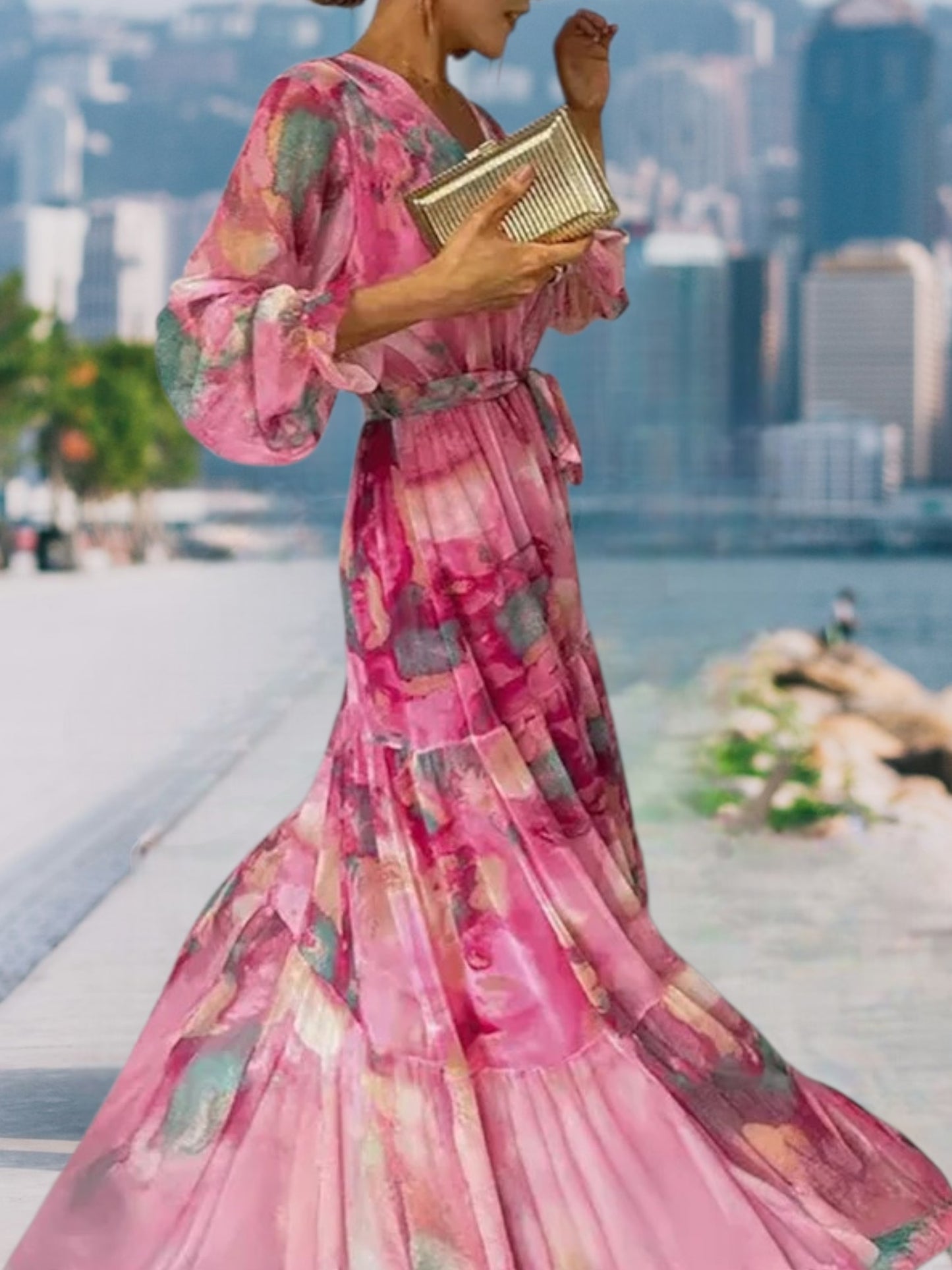 Emily | Elegantes langärmeliges Blumenkleid aus leichtem Stoff für den Sommer | Rosa 3