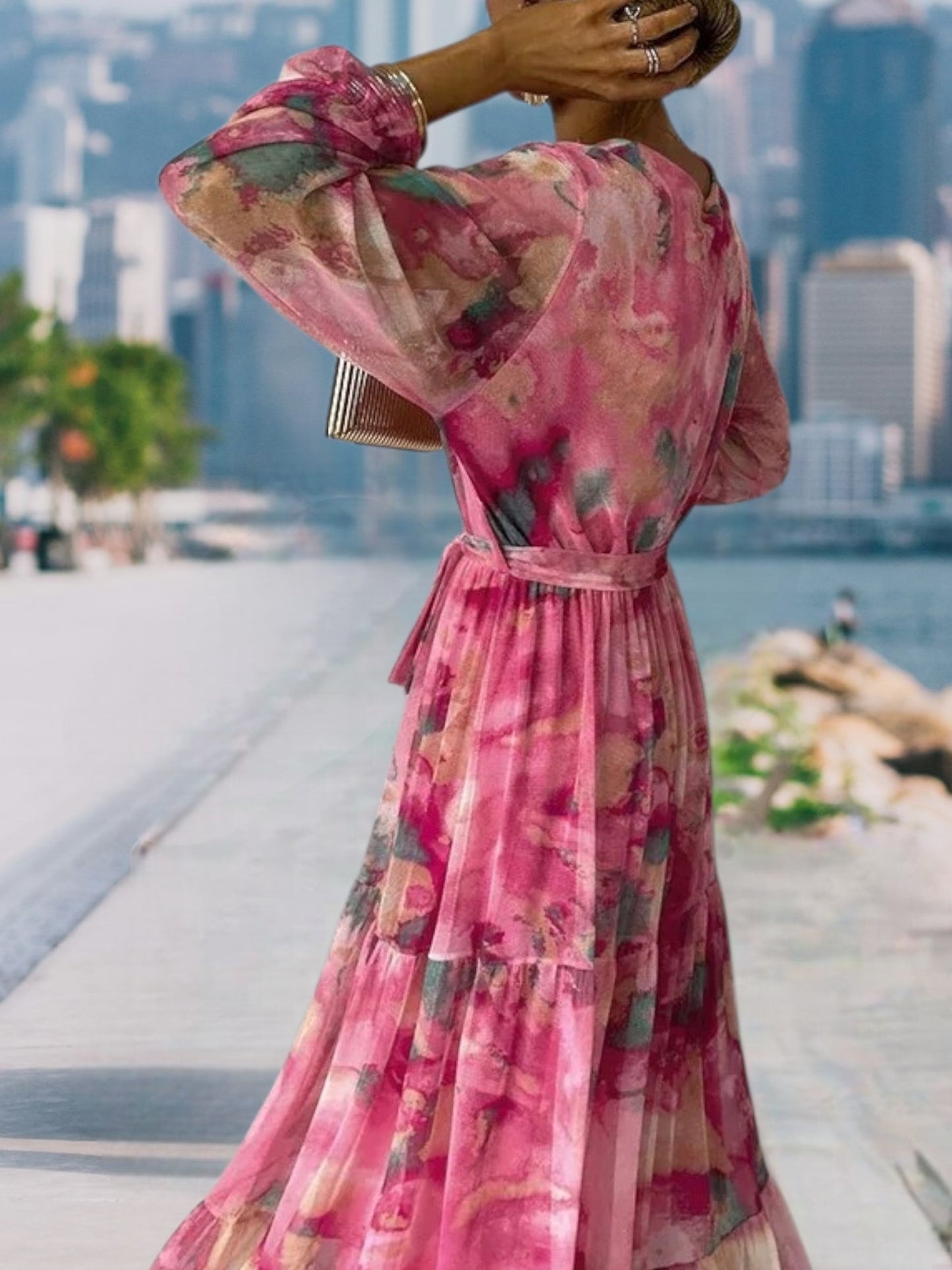 Emily | Elegantes langärmeliges Blumenkleid aus leichtem Stoff für den Sommer | Rosa 4
