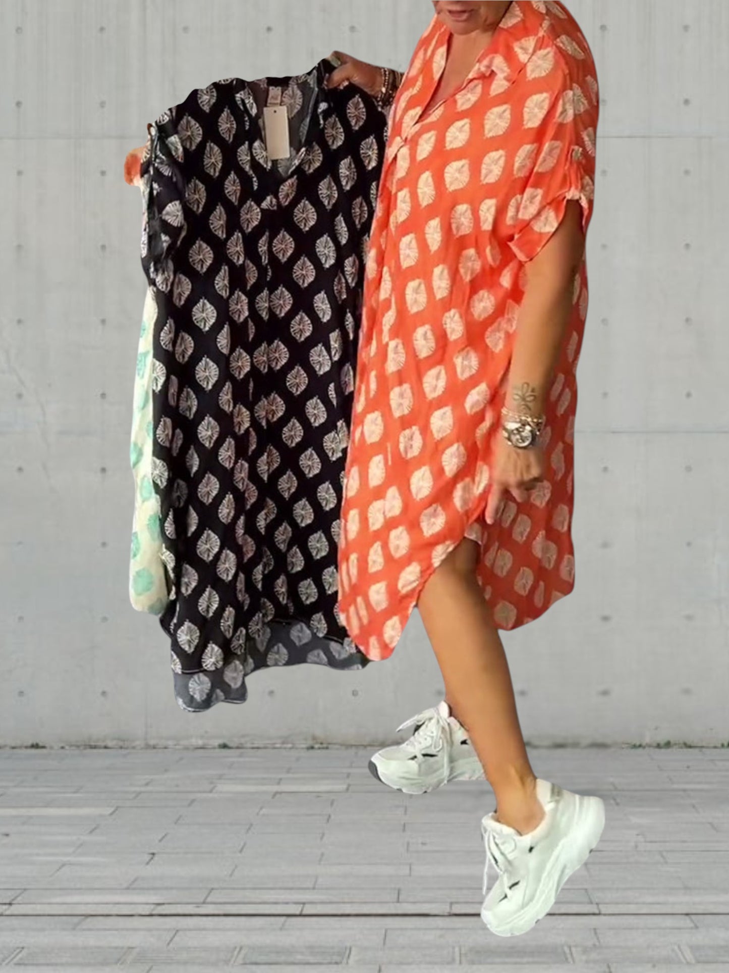 Emma | Elegantes Frühlingskleid Damen mit Umgekehrtem Kragen und Kurzen Ärmeln aus Leichtem Stoff | orange 2