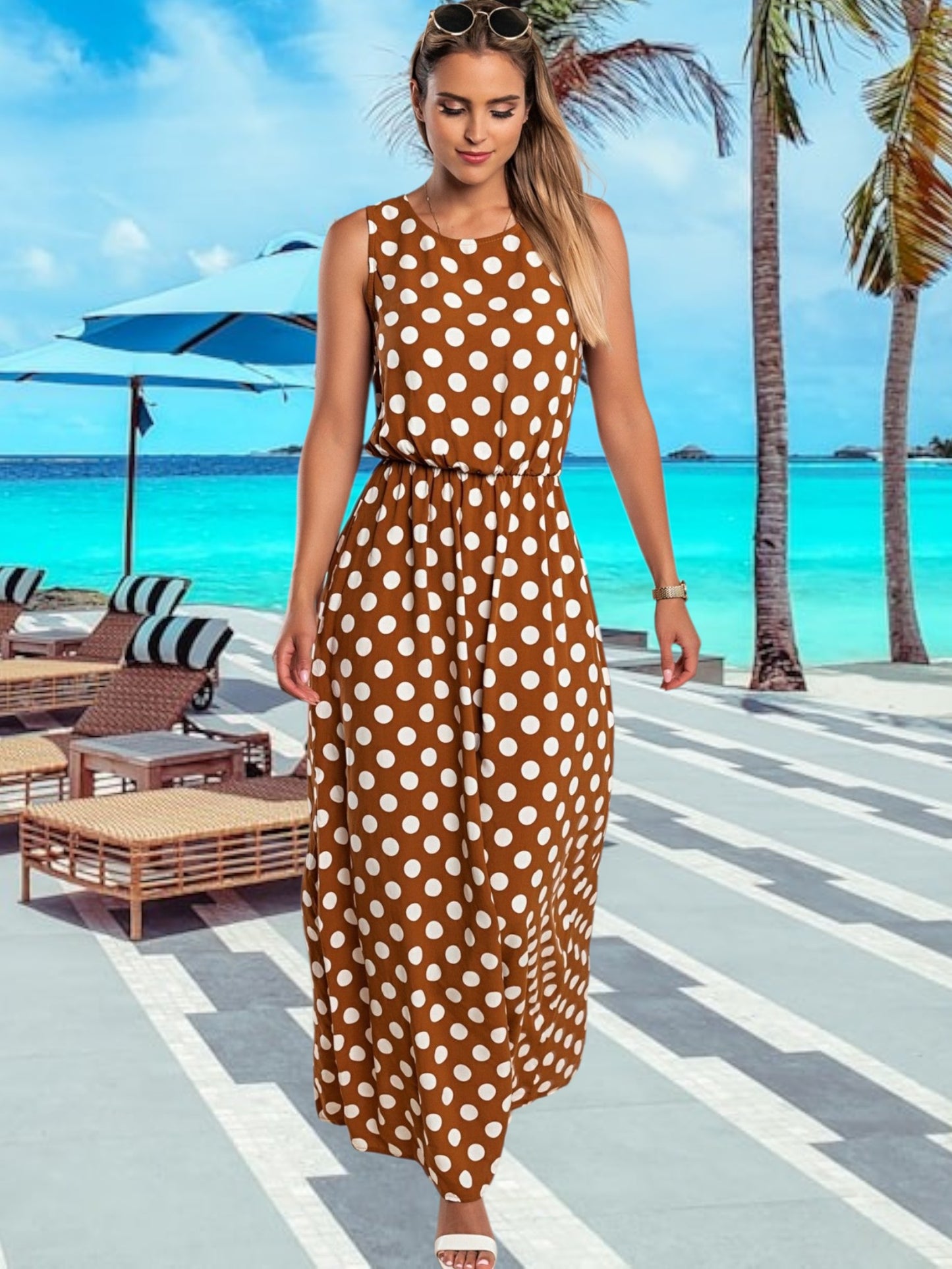 Fenja | Elegantes Maxikleid mit Polka Dots, figurbetont, ärmellos, ideal für den Sommer | Braun 2