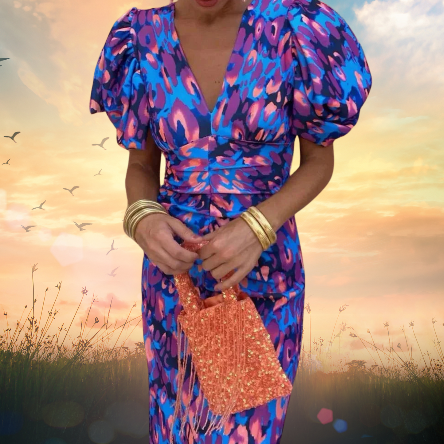 Festliches Kleid mit verspieltem Druck und eleganten Puffärmeln | Blau 2