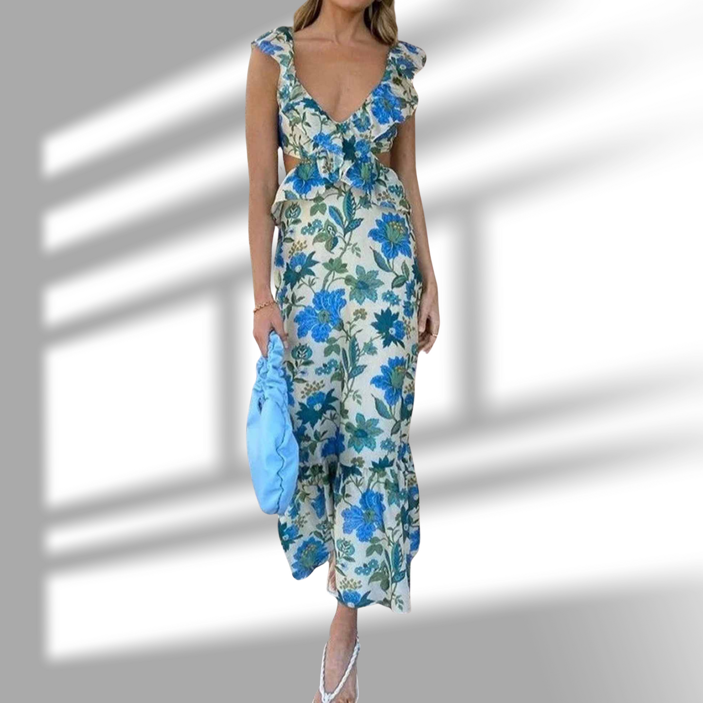 Fließendes Sommerkleid mit Rüschenträgern und tiefem V-Ausschnitt | Blau 2