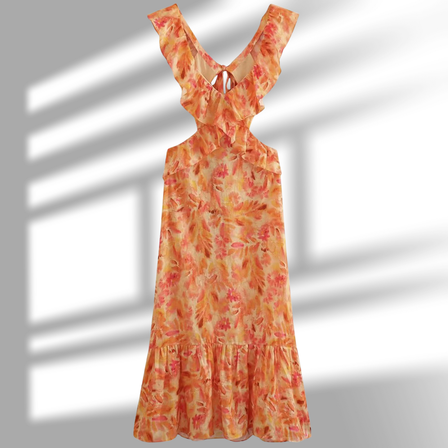 Fließendes Sommerkleid mit Rüschenträgern und tiefem V-Ausschnitt | Orange 3