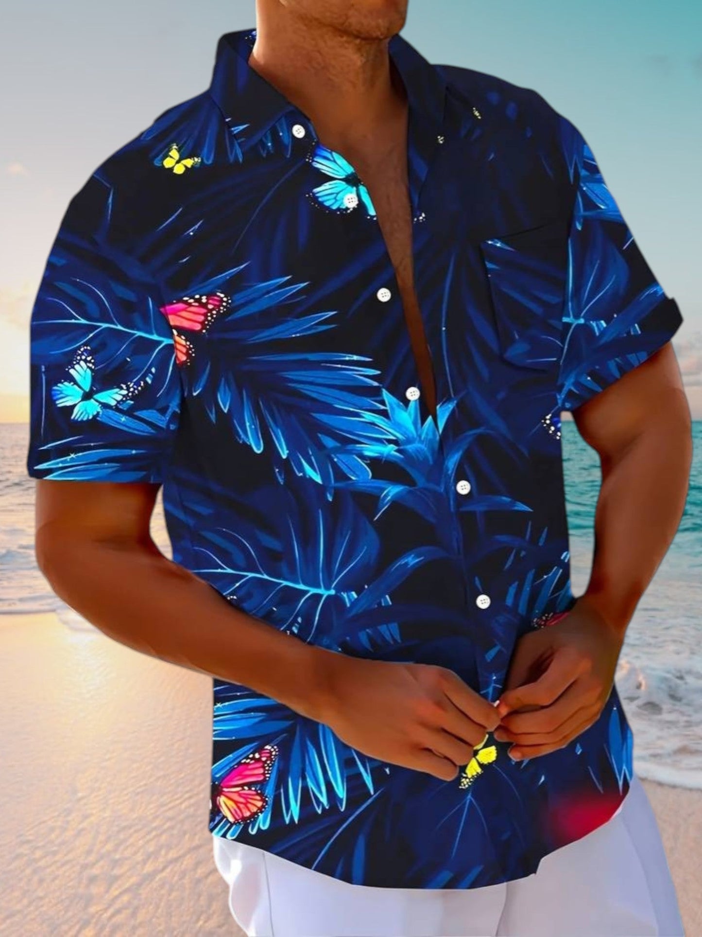 Hawaii-Kurzarmhemd für Herren mit Schmetterlings-Blumendruck 0