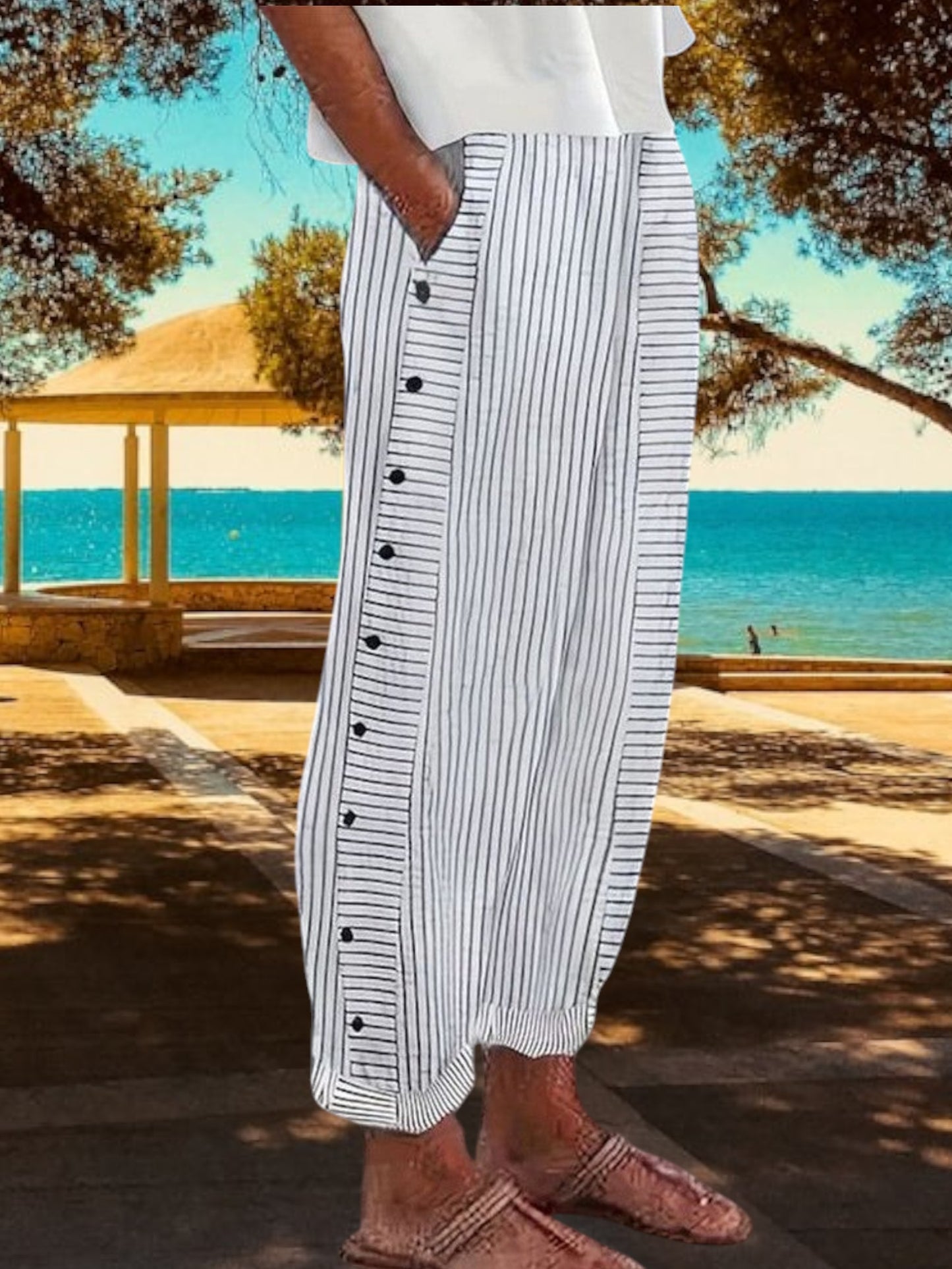 Hedvig | Bequeme Weiße Leinenhose Damen mit Elastischer Taille und Weitem Bein | Grau