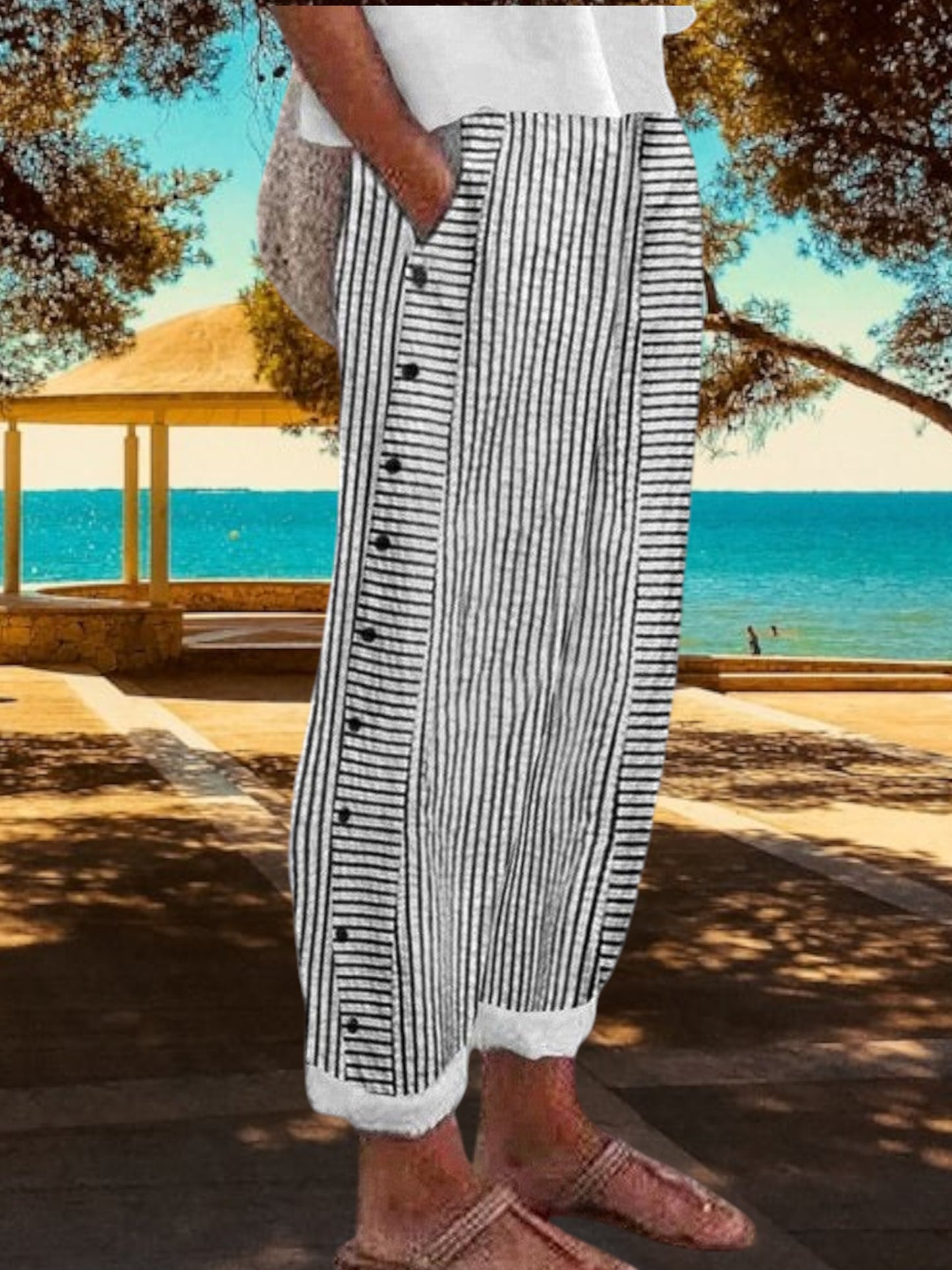 Hedvig | Bequeme Weiße Leinenhose Damen mit Elastischer Taille und Weitem Bein | Schwarz