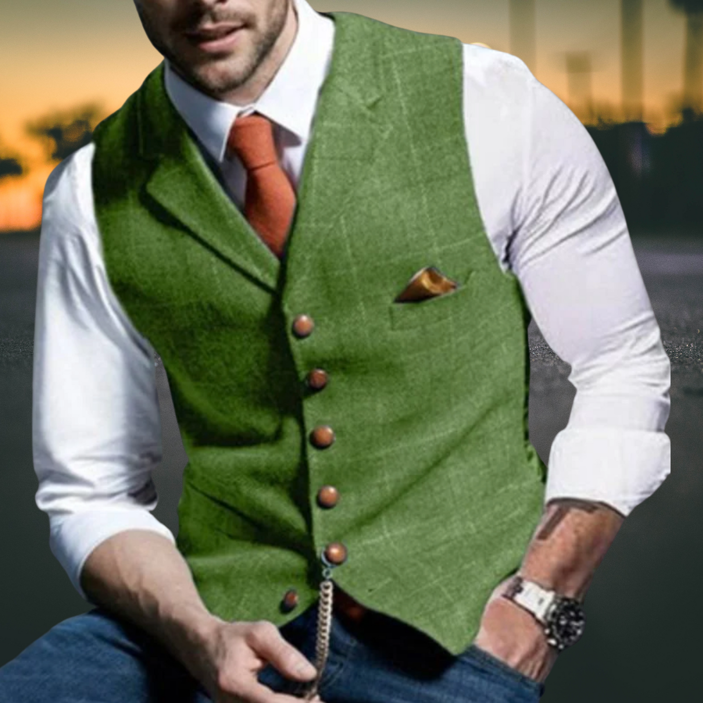 Herren Weste – Slim Fit mit Revers aus Hochwertigem Baumwollmix | Grun