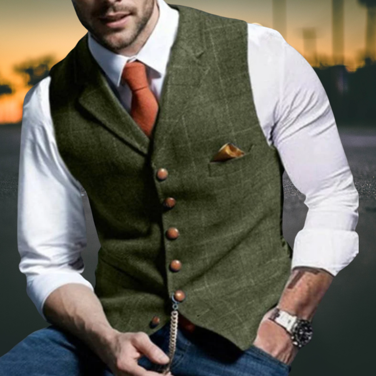 Herren Weste – Slim Fit mit Revers aus Hochwertigem Baumwollmix | Olivegrun