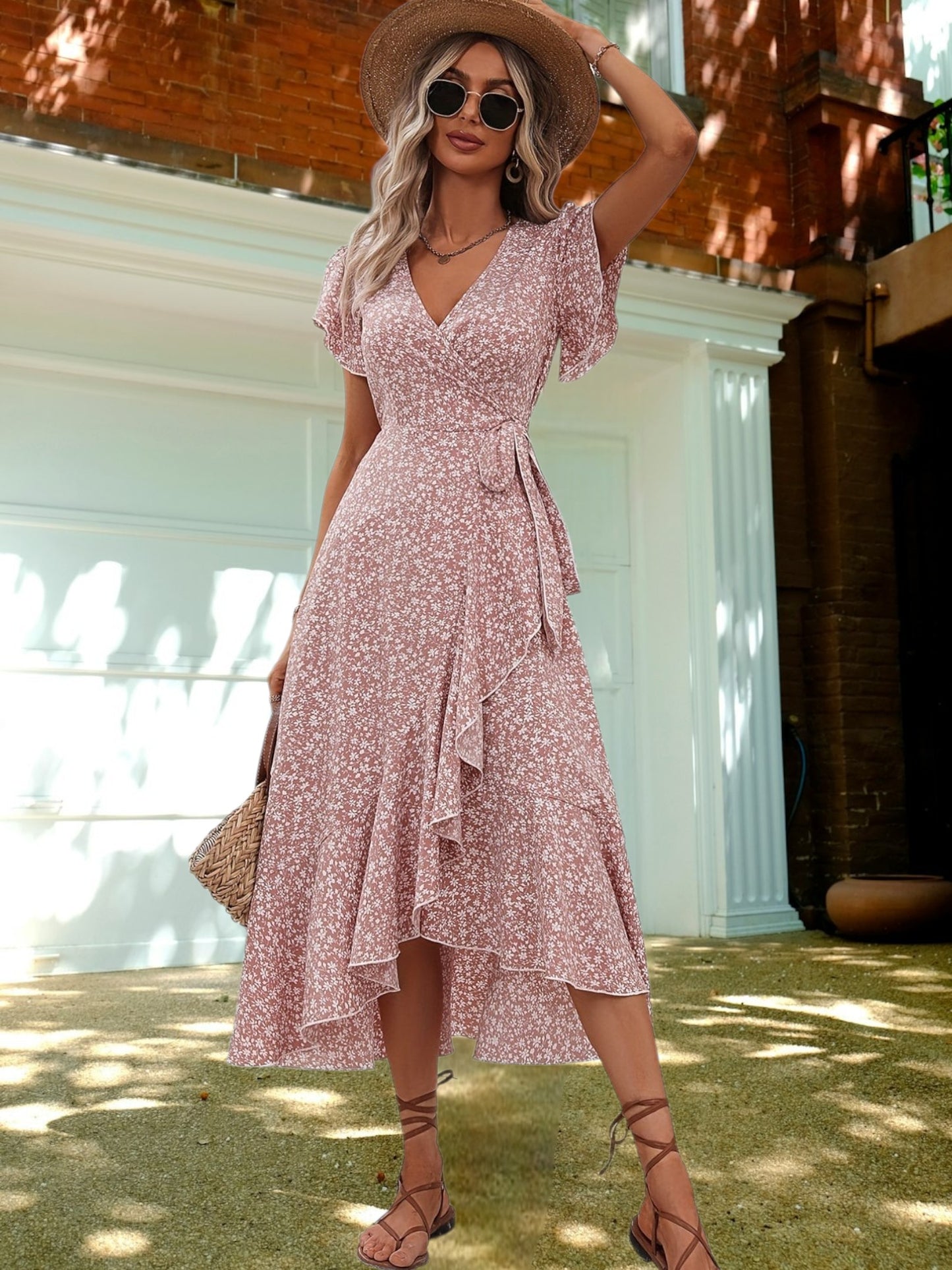 Indie | Charmantes Blumenschnürkleid für Damen aus leichtem Polyester in A-Line-Silhouette | Rosa 3