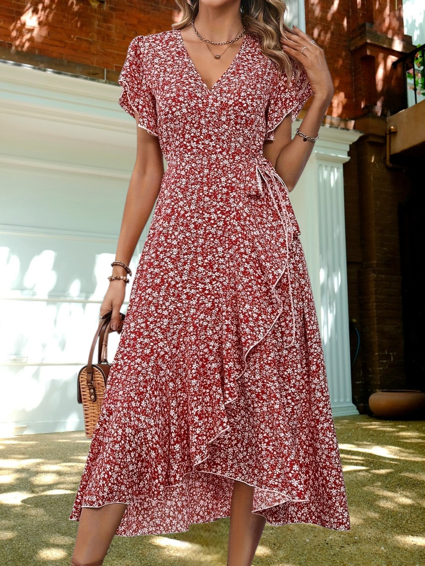 Indie | Charmantes Blumenschnürkleid für Damen aus leichtem Polyester in A-Line-Silhouette | Rot 2
