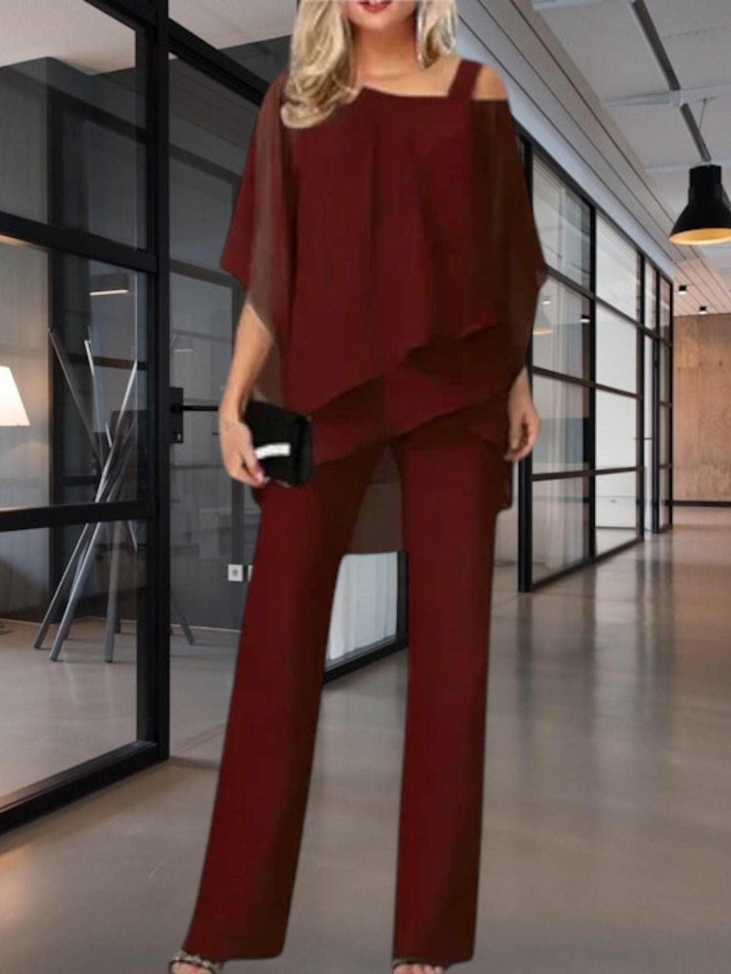 Ingeborg | Luxuriöses Schulterfreies Chiffon Abendset mit Eleganter Hose und Hoher Bewegungsfreiheit | Rot