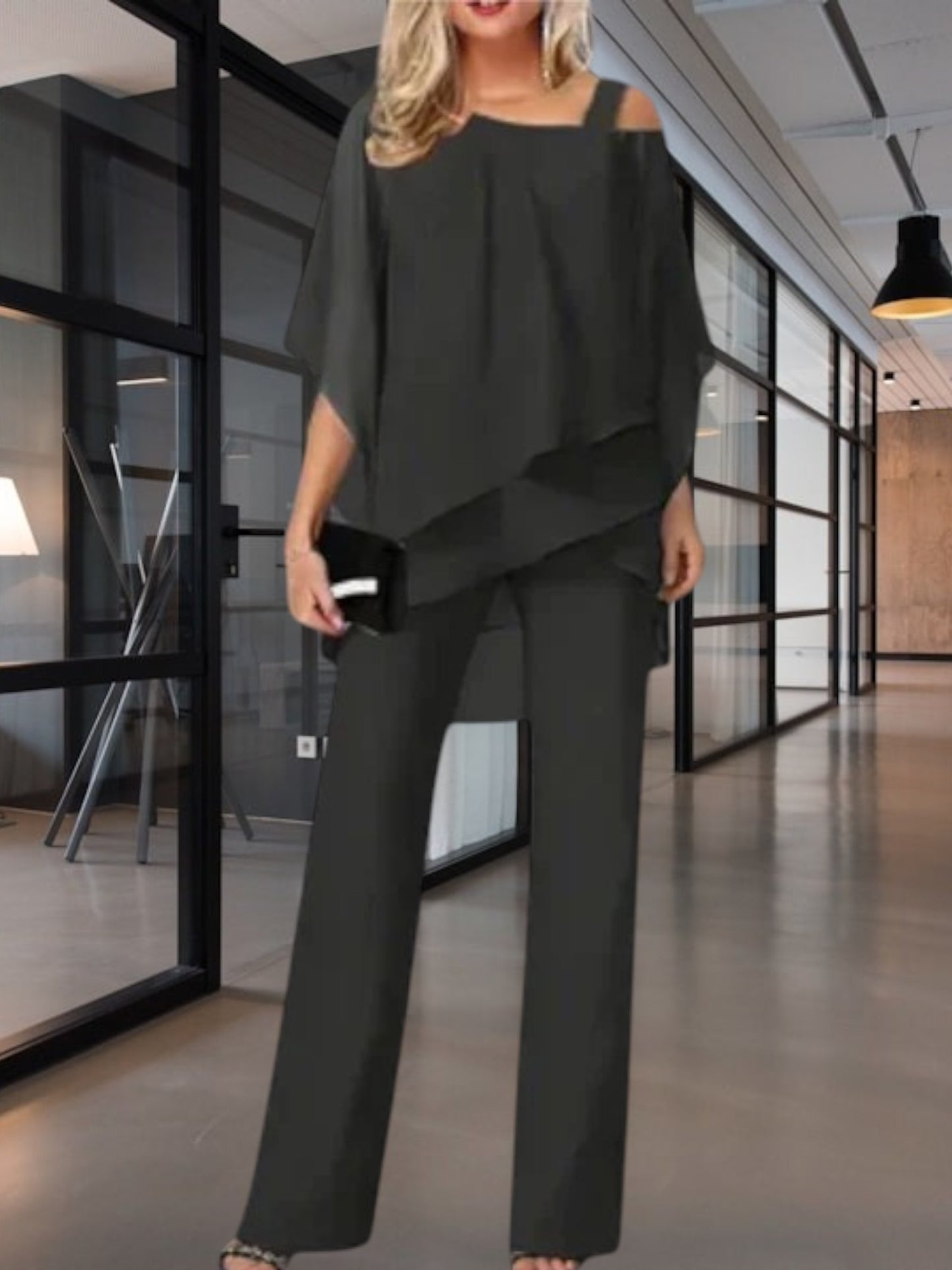 Ingeborg | Luxuriöses Schulterfreies Chiffon Abendset mit Eleganter Hose und Hoher Bewegungsfreiheit | Schwarz