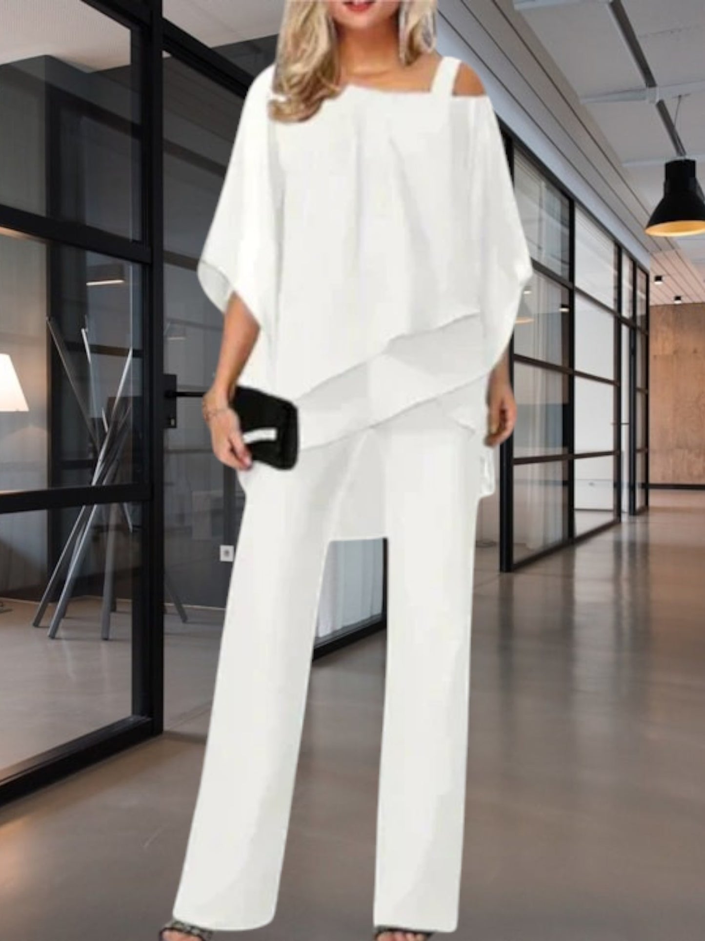 Ingeborg | Luxuriöses Schulterfreies Chiffon Abendset mit Eleganter Hose und Hoher Bewegungsfreiheit | Weiß