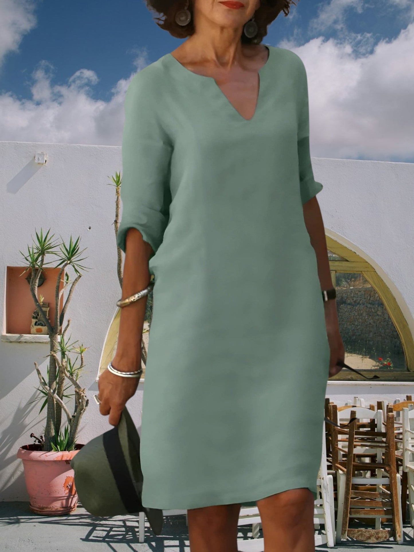 Knie-langen Mini-Kleid von Frauen mit V-Ausschnitt und 3/4-Ärmeln 12