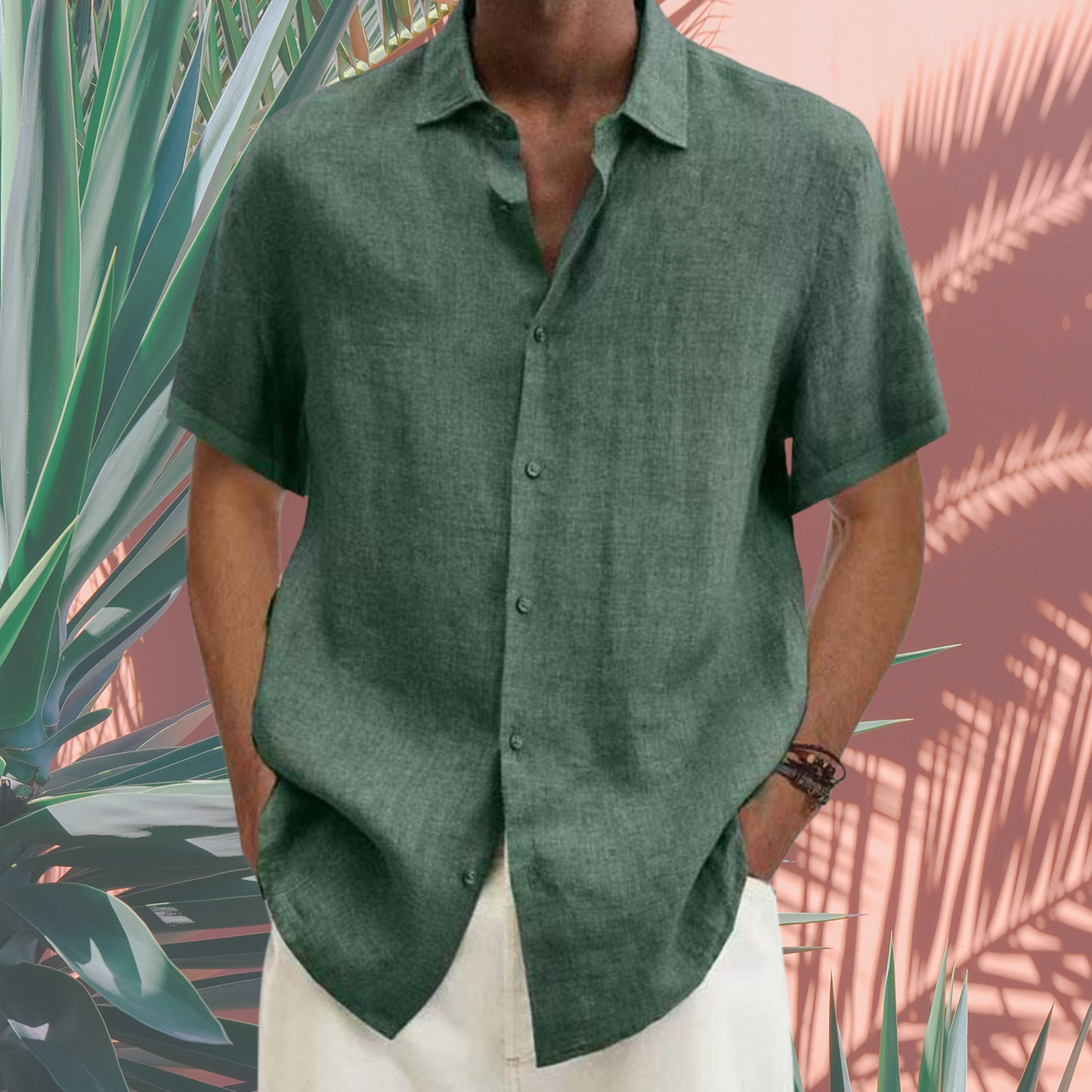 Kurzarmhemd aus Baumwolle – Herrenmodell mit Button-Down | Grun